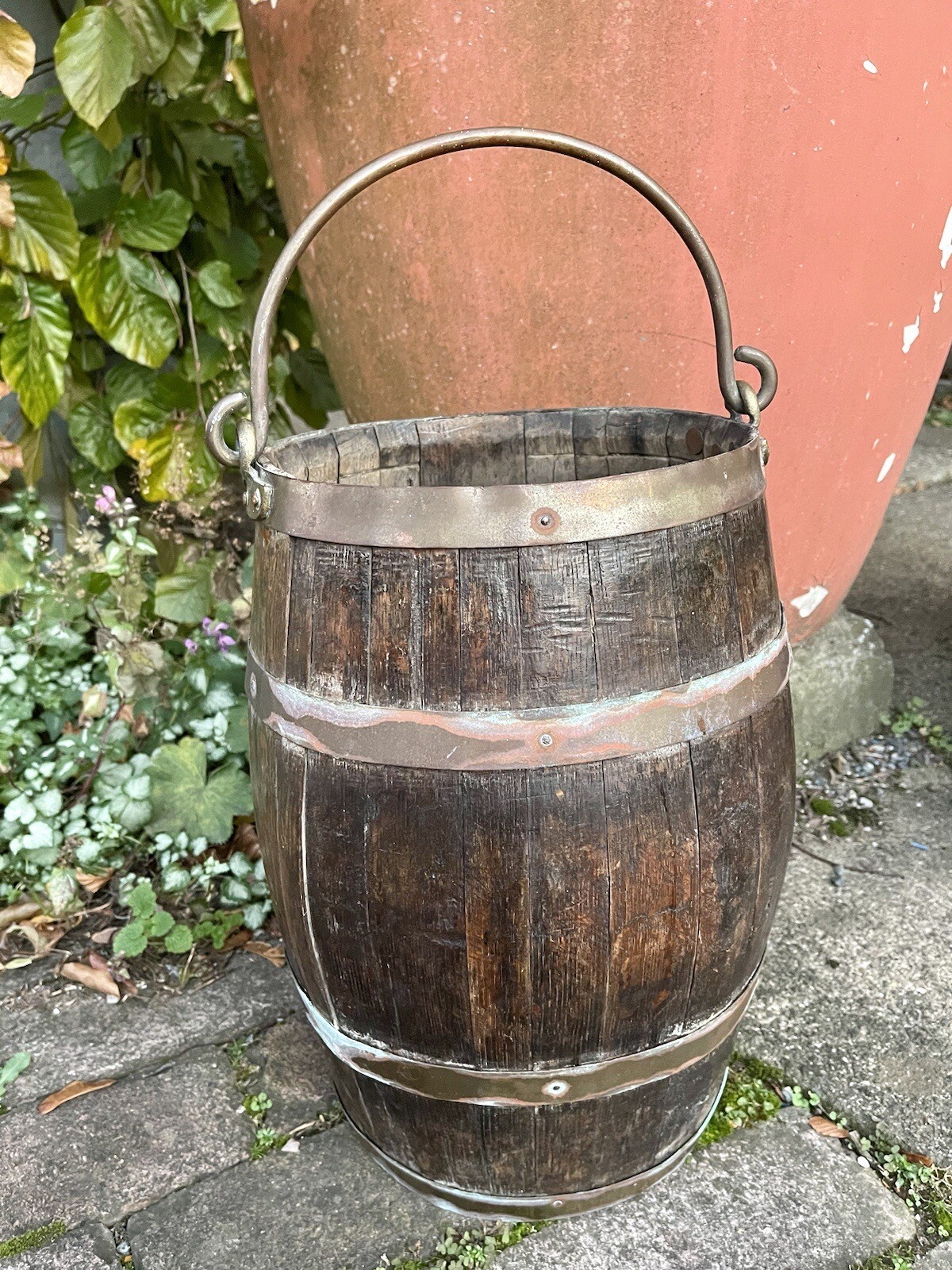Antique GEORGE III BRASS BOUND MAHOGANY PEAT BUCKET