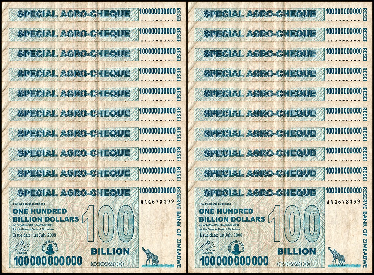 20 Zimbabwe 100 Billion Special Agro Cheque banknote 2008, P-64 USED COA