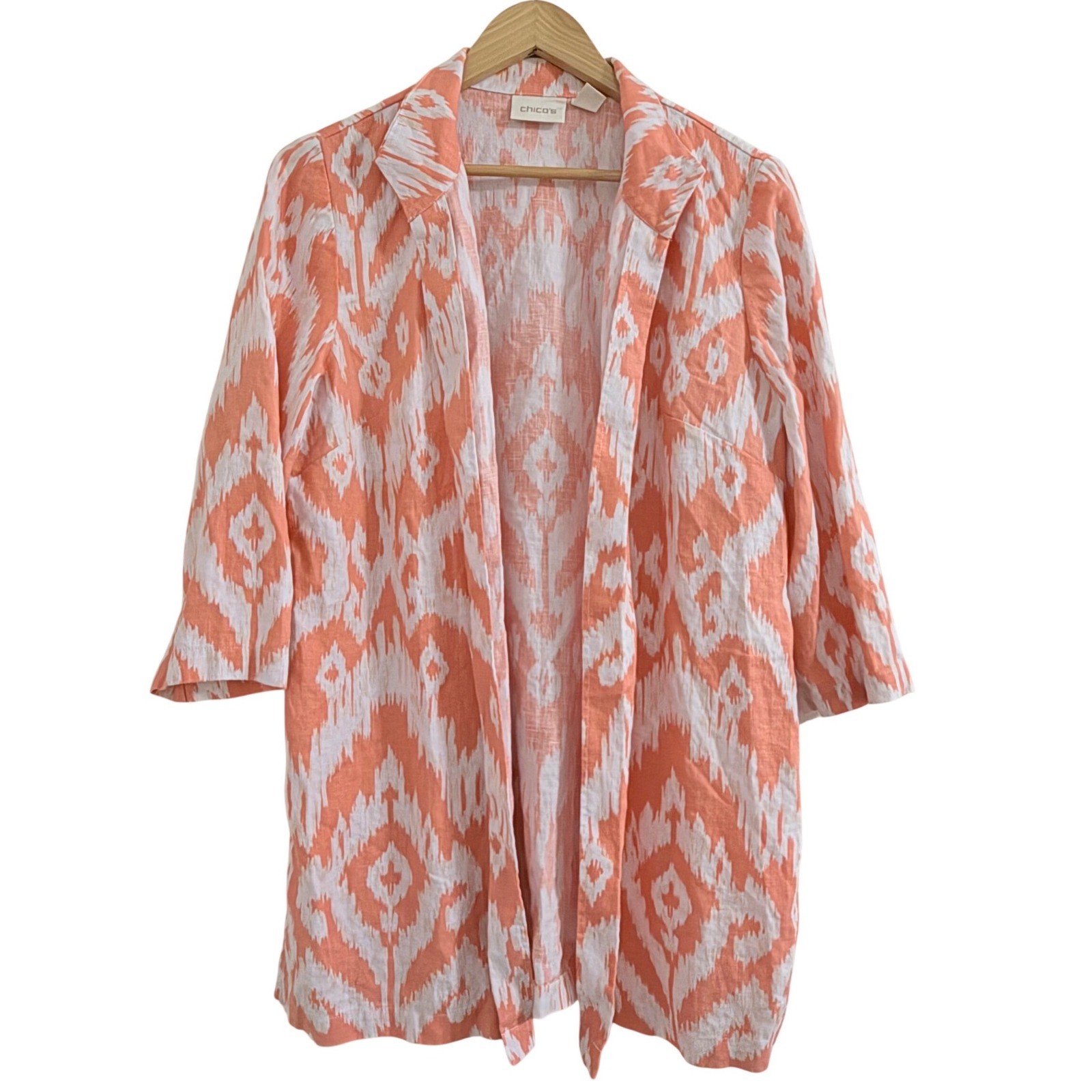 Chico\'s Orange White Ikat Linen Open Front Topper Jacket Size 1 M 3/4 Sleeve Chico\'s Orange White Ikat Linen Open Front Topper Jacket Size 1 M 3/4 Sleeve