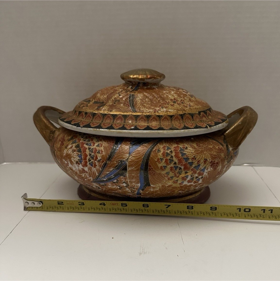 Gold Multicolor Floral Painted Ceramic Oval Tureen w/ Lid & Handles Set Gold Multicolor Floral Painted Ceramic Oval Tureen w/ Lid & Handles Set