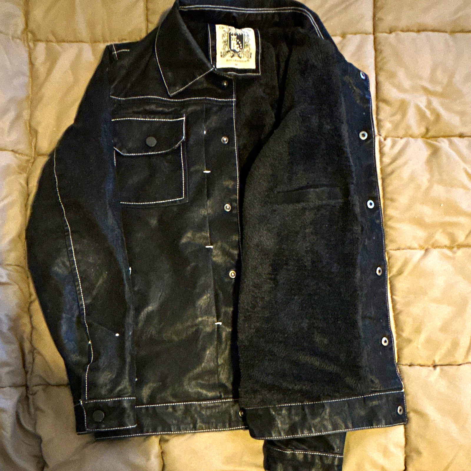 Bleu Grandeur Men\'s Black Leather Lined Button Streetwear Jacket Size M