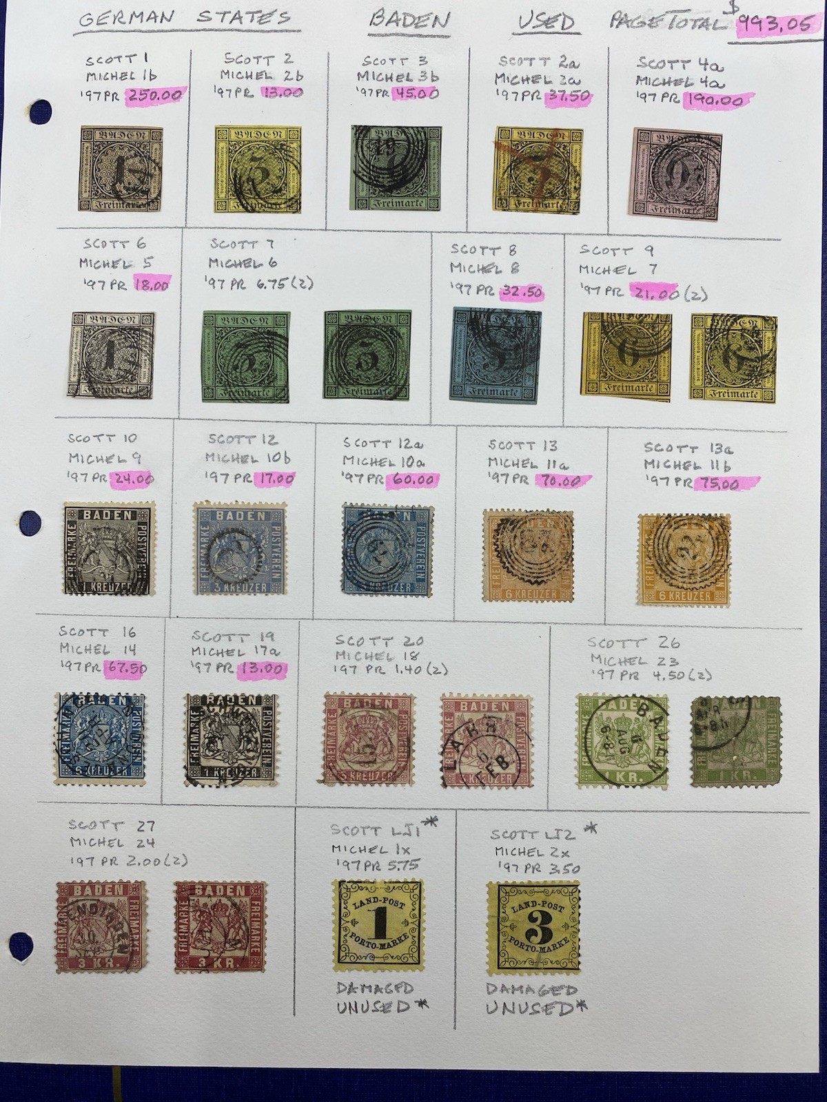 Germany States, Baden, Used - hinged on one album page, 1851-1868, High Value.