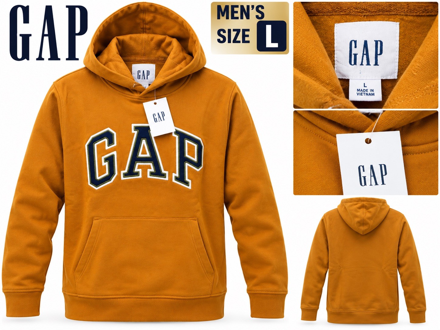 GAP Logo Hoodie Sweatshirt Men’s Size L Mustard Yellow Pullover Kangaroo Pocket