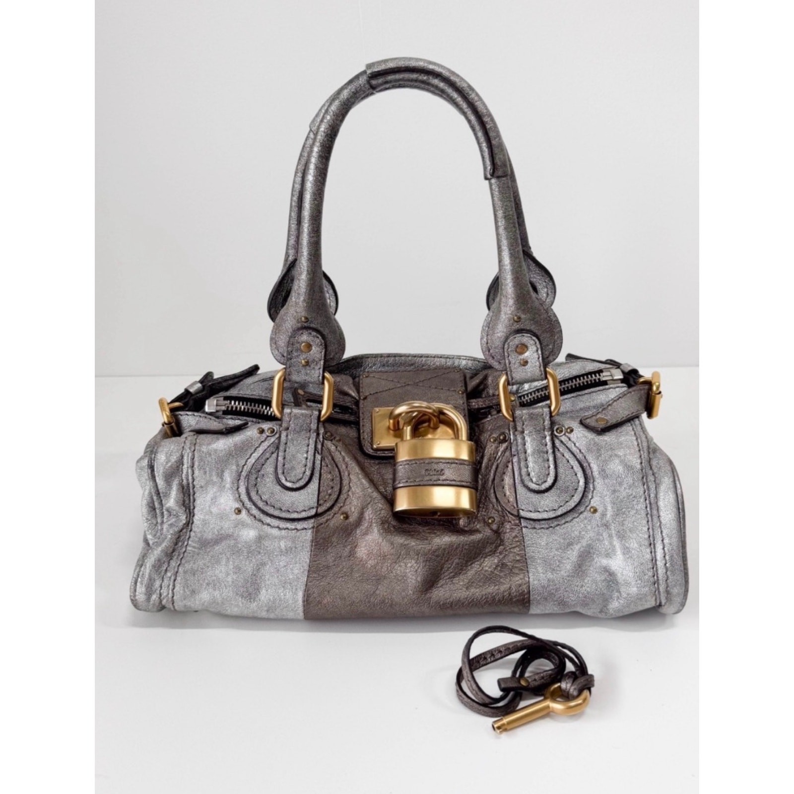 Auth Rare Chloe Paddington color block Metallic silver black COA EUC medium