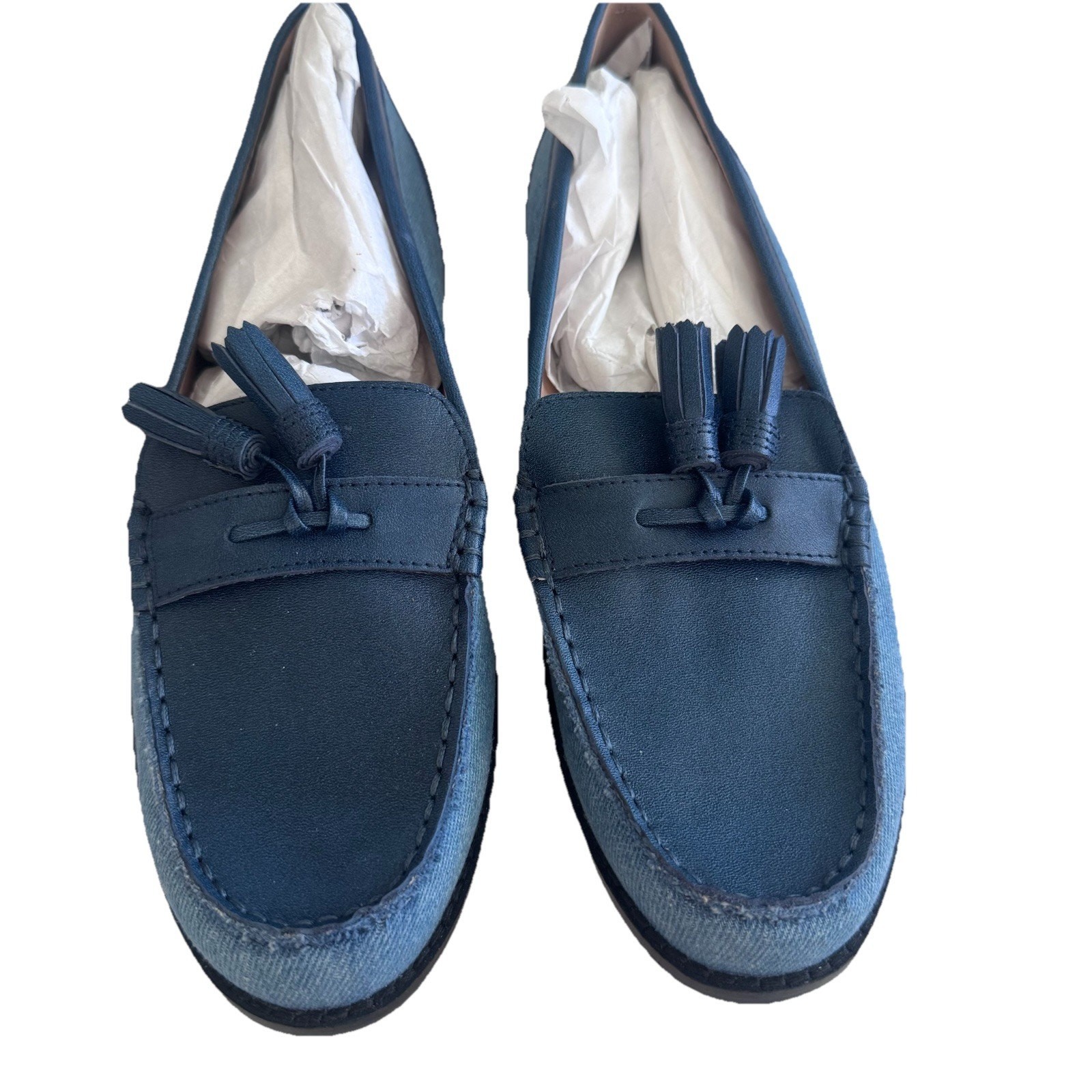 New NYDJ Ariel Navy Chambray Tassle Loafer Womens Shoes 9 Preppy Classic