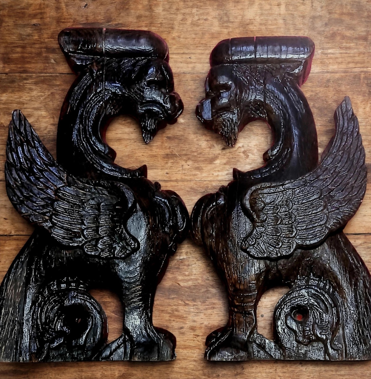 Pair Antique R.J. Horner Carved Wood Gargoyle Griffins c1890 Restored