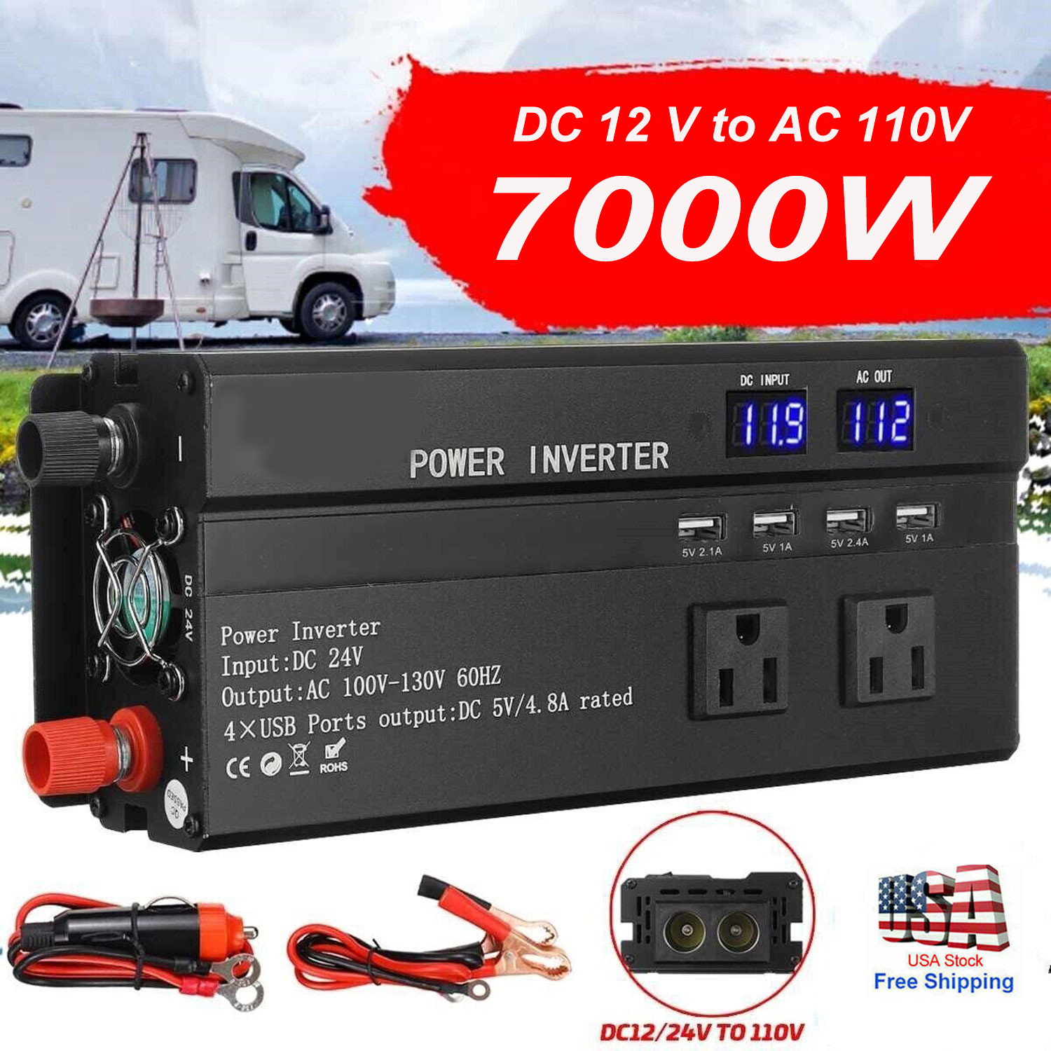 7000W LCD Car Power Inverter DC 12V To AC 110V Pure Sine Wave Solar Converter