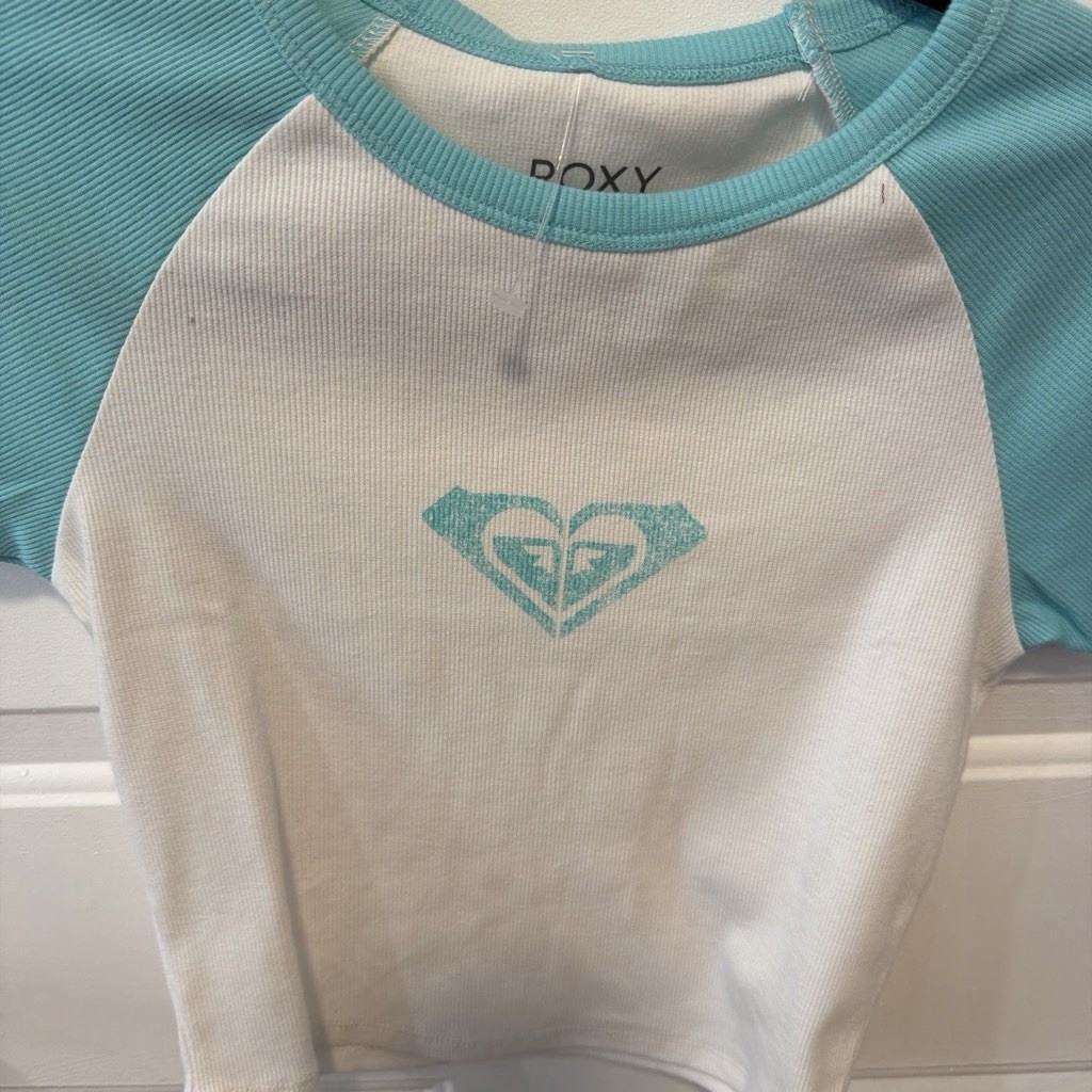 NWT Roxy Y2K Style Ribbed Graphic Raglan Baby Tee - White & Aqua Blu