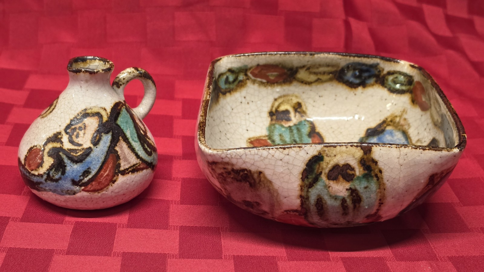 Antique Japanese Ogata Kenzan Style Stoneware Pitcher Bowl Set Scholar Figures