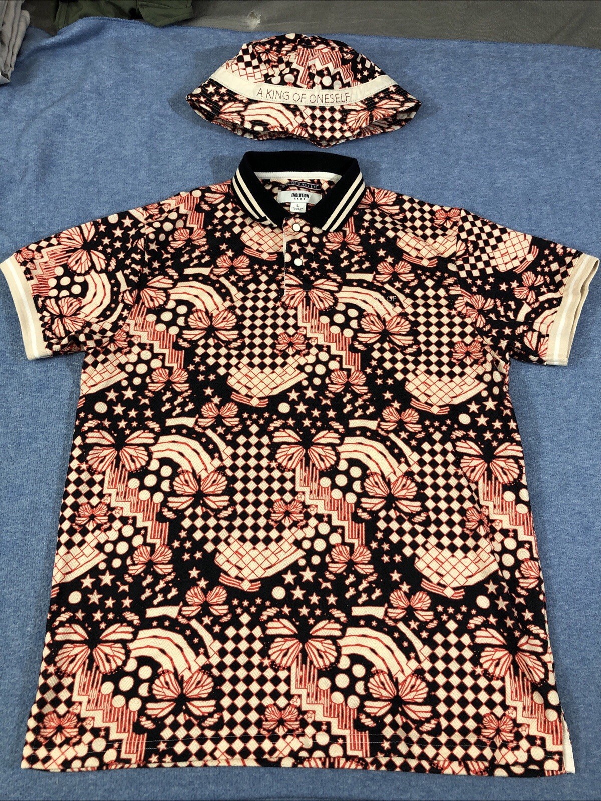 Evolution Akoo Polo Shirt & Hat Mens Size Lg Golf Urban Streetwear Hip Hop EUC