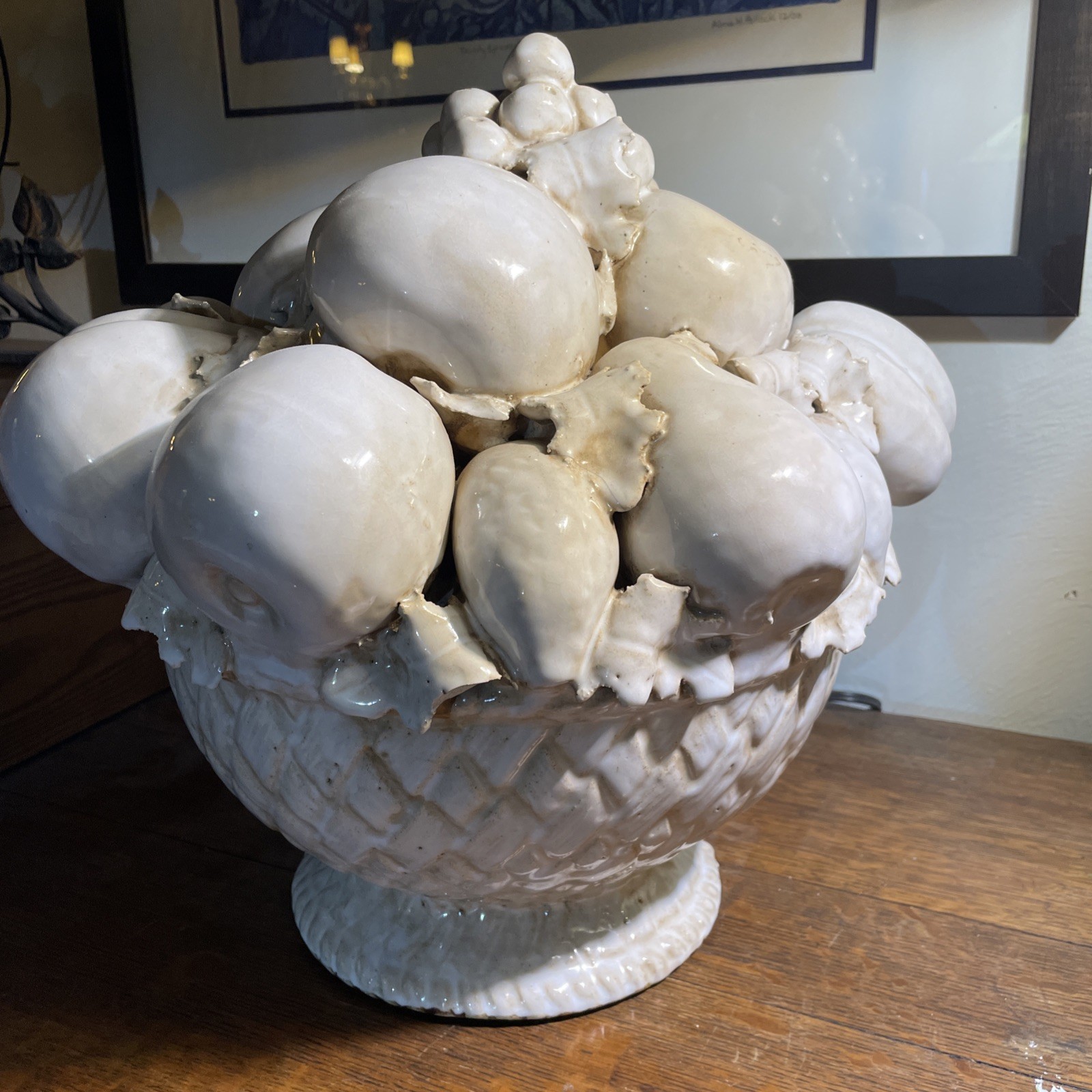 Vintage Italian Blanc De Chine Ceramic Fruit Basket Topiary Centerpiece 15”