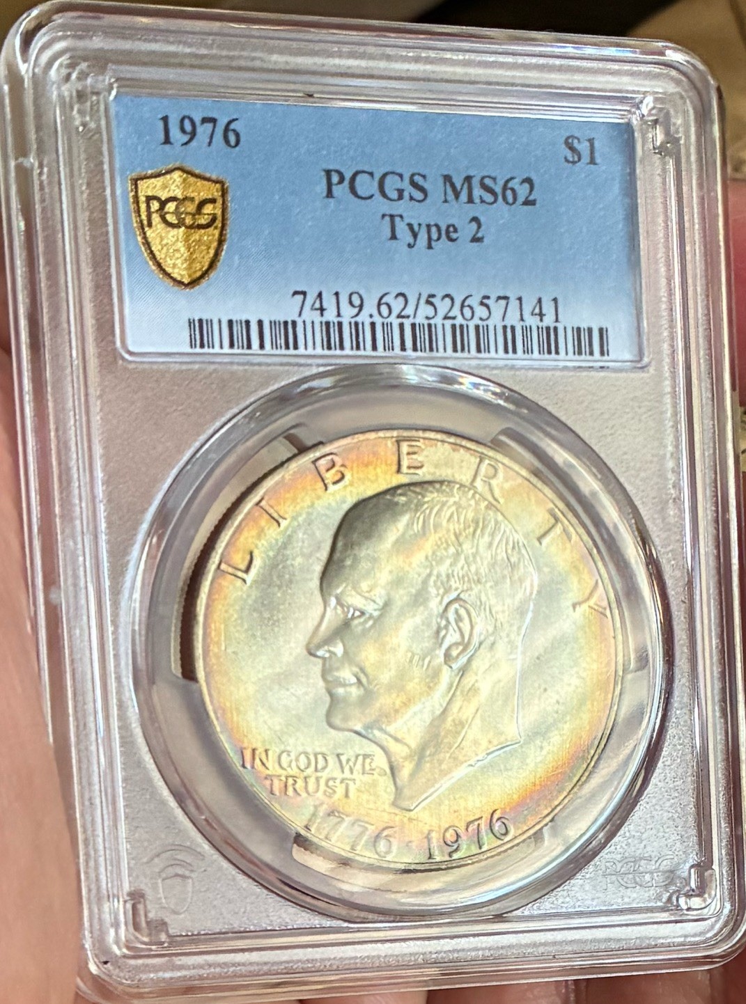 1976 Eisenhower IKE PCGS MS62 Type 2 Gold Shield Toned