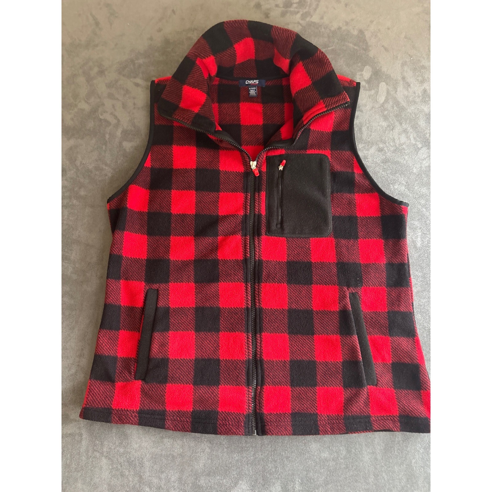 Chaps Sport XL Red Black Buffalo Plaid Fleece Full Zip Vest Pockets Chaps Sport XL Red Black Buffalo Plaid Fleece Full Zip Vest Pockets