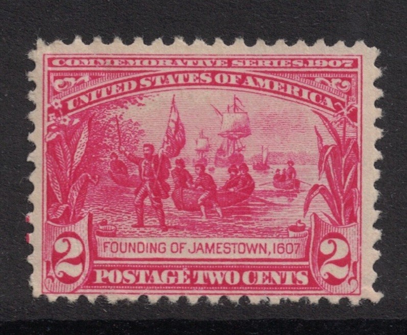 Scott 329- MH, crease- 2c Founding, 1607- Jamestown Commemoratives- 1907, mint
