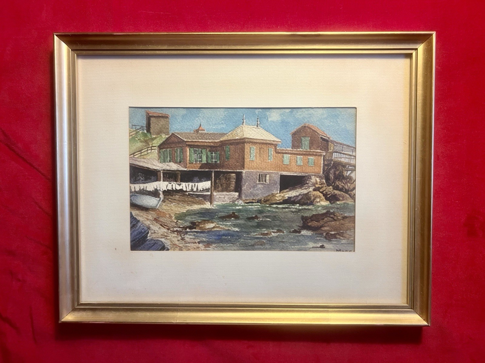 1960s Original Watercolor Painting - Mediterranean Coastal House & Boat - Signed