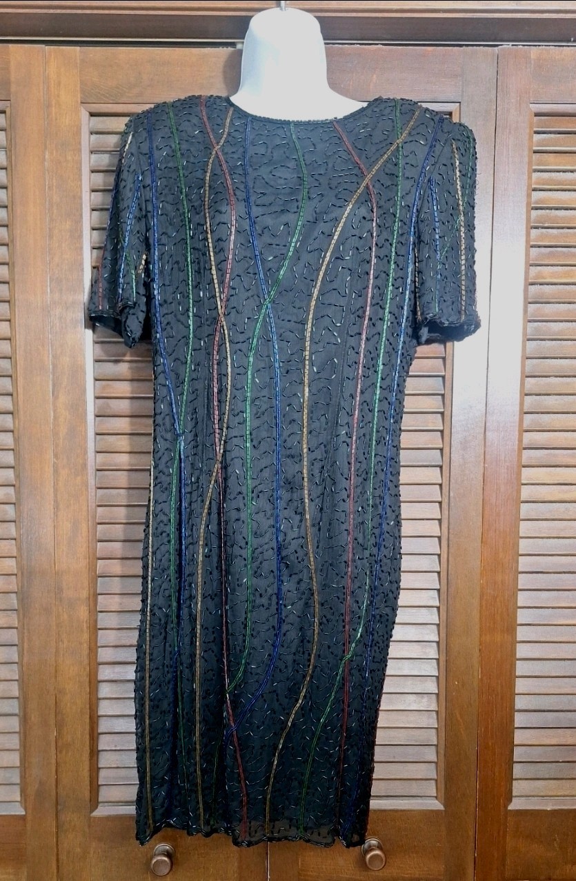 VTG Size 14 Styleworks Black Silk Dress with Beaded Design VTG Size 14 Styleworks Black Silk Dress with Beaded Design