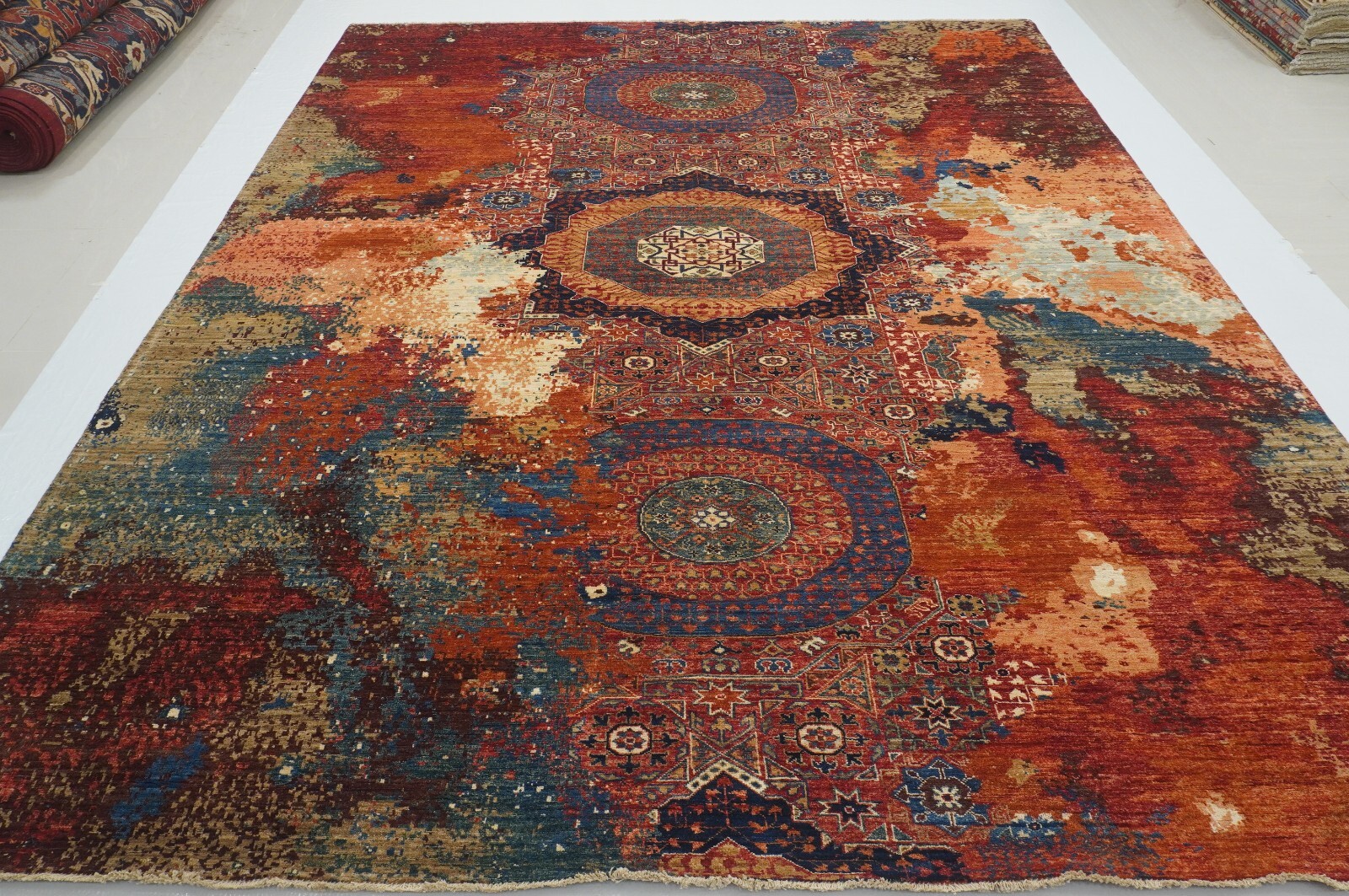 9 x 12 ft Red Modern Mamluk Afghan Hand Knotted Abstract Medallion Area Rug