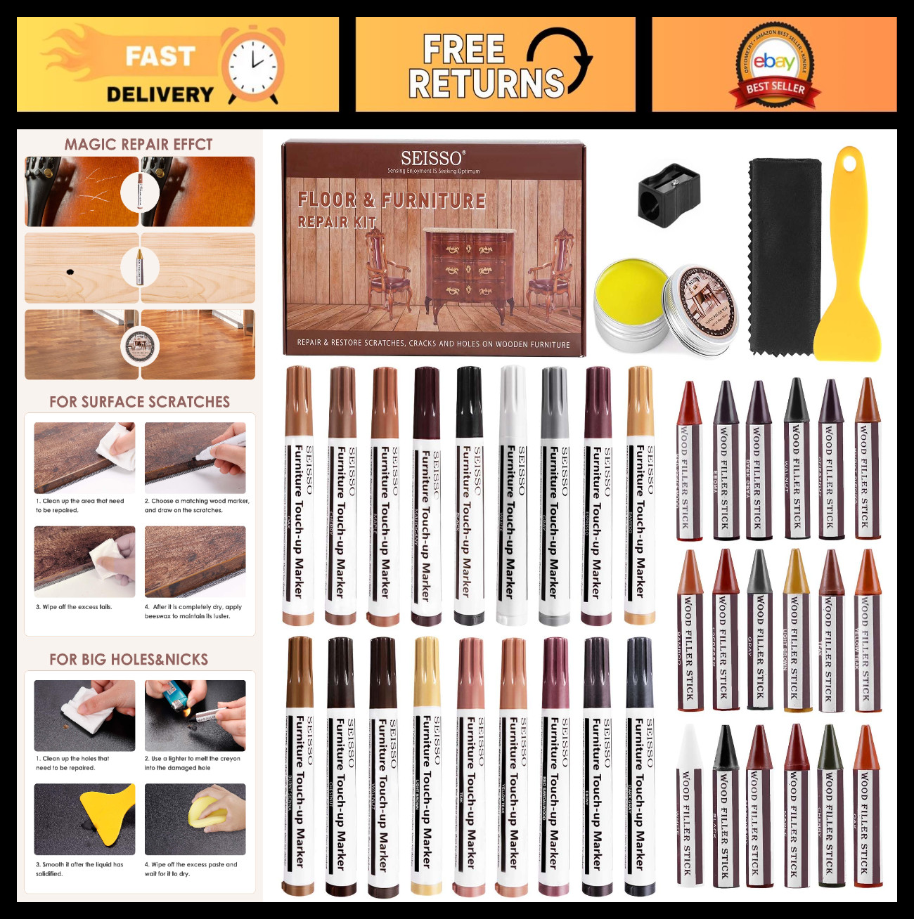 40-Pc Wood Repair Kit - Touch Up Markers, Crayons & Wax for Scratches, Dents & S