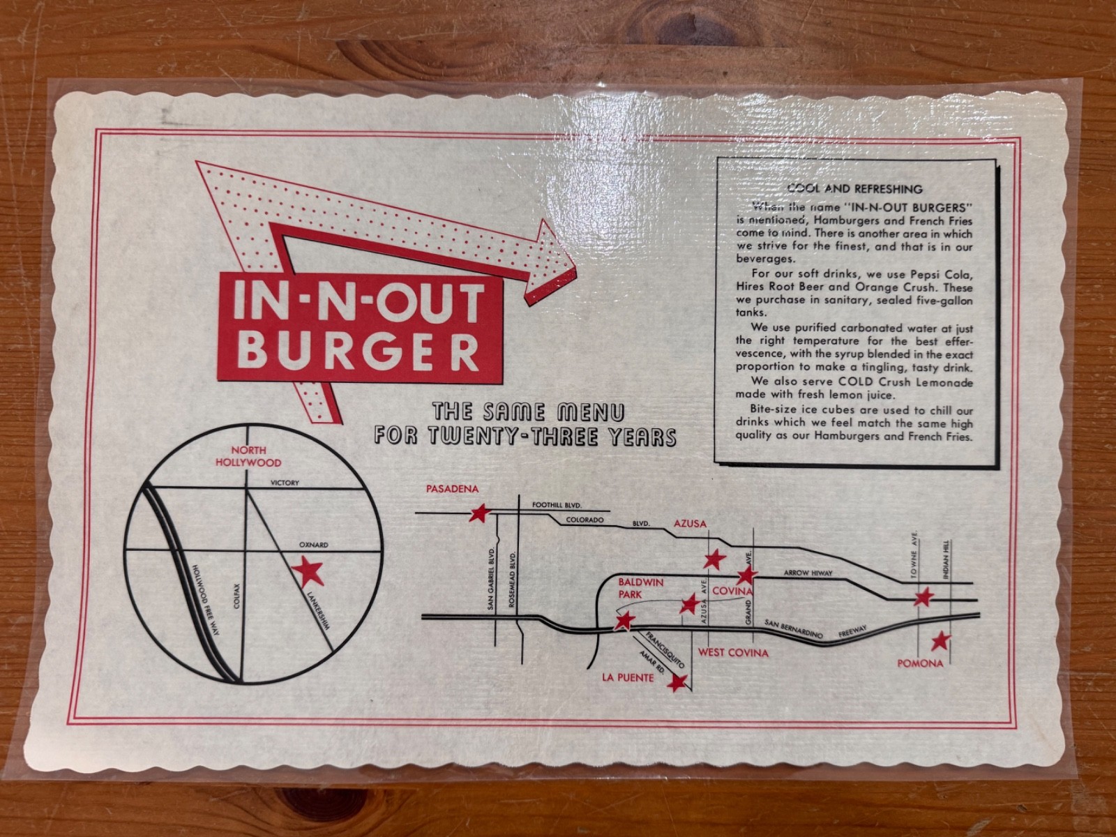 c.1971 IN-N-OUT Burger Lap Mat Early California Location Map Vintage