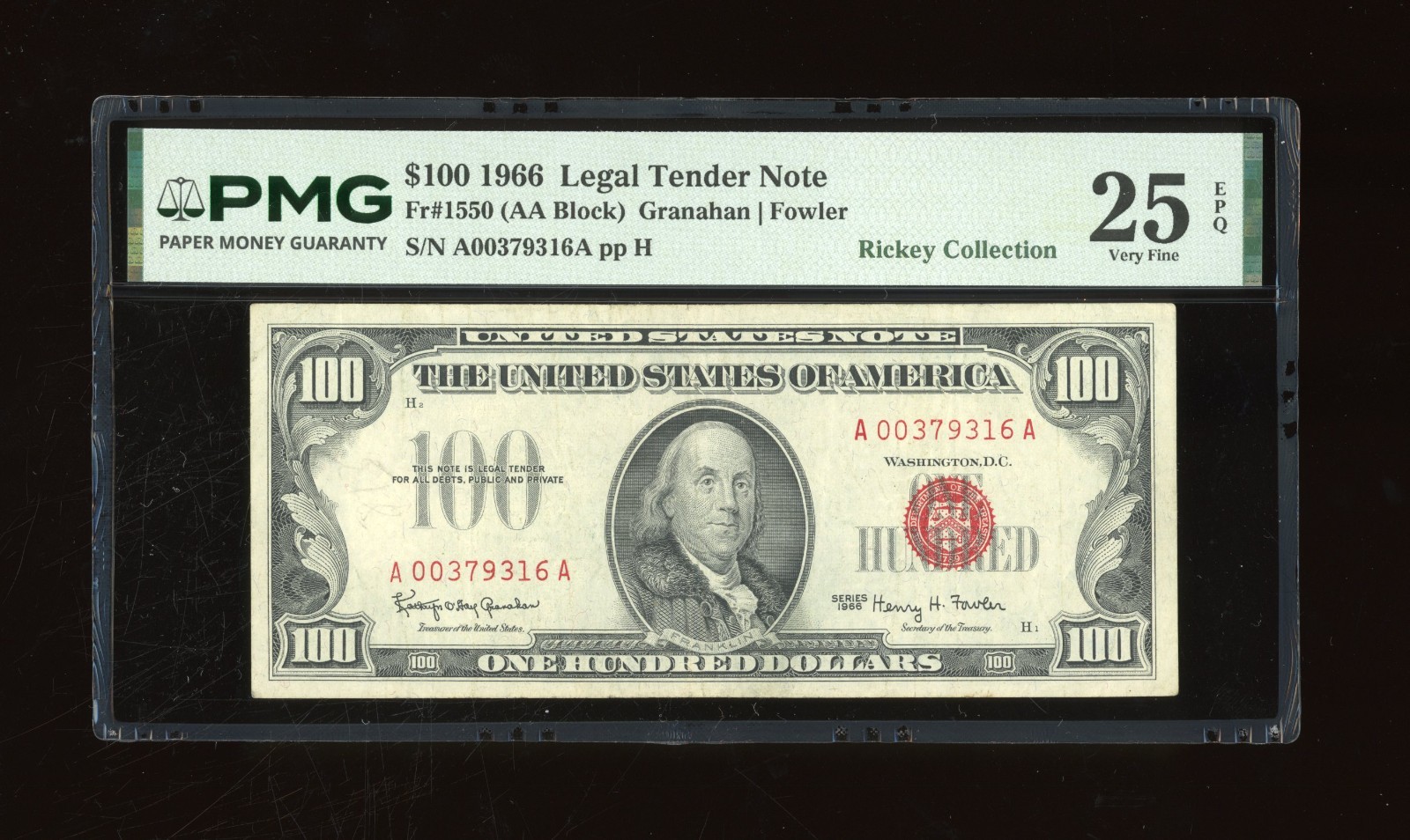 DBR 1966 $100 Legal Fr. 1550 PMG 25 EPQ Serial A00379316A
