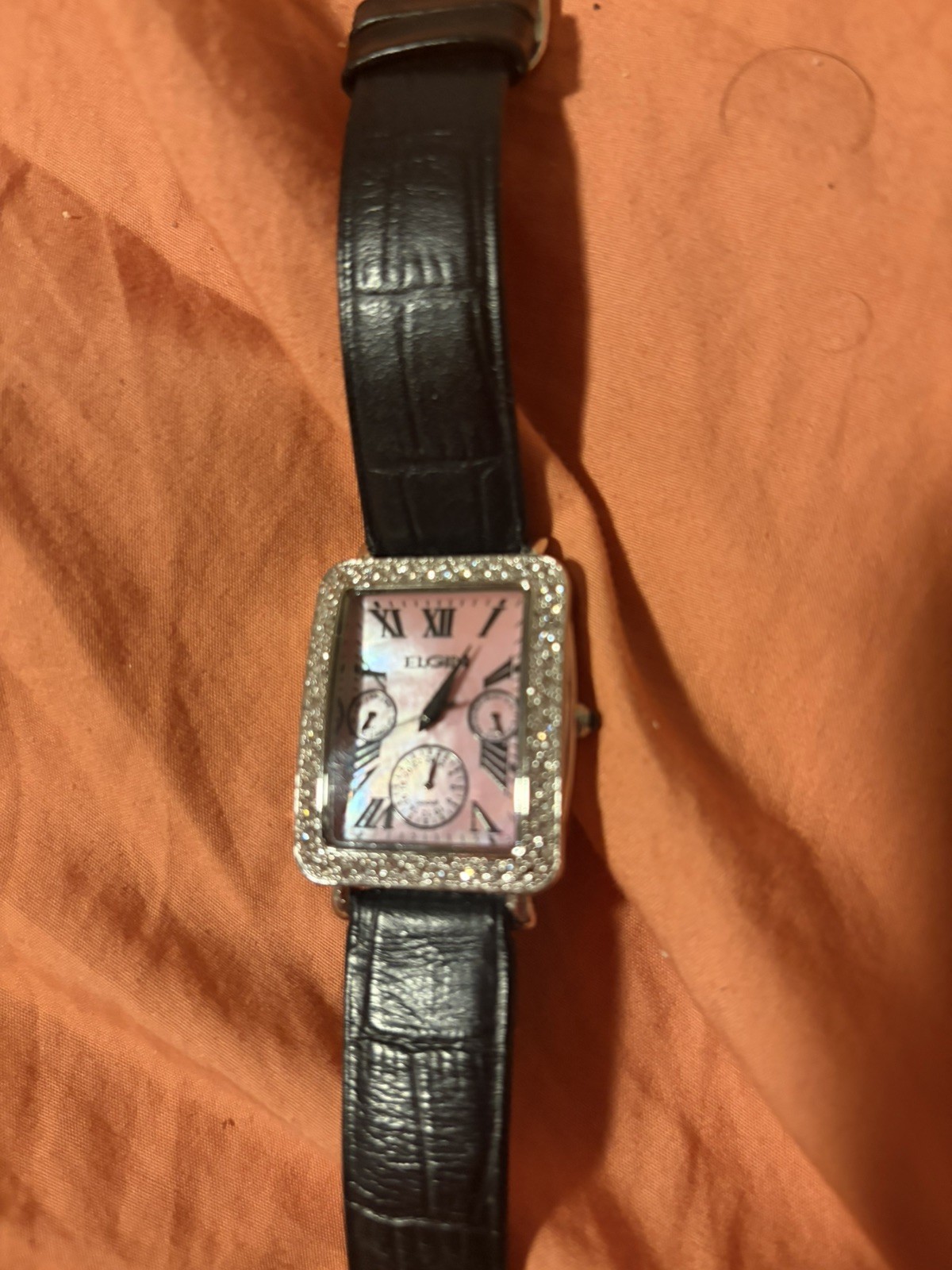 Rare Vintage Elgin Pink Abalone Dial Gem Bezel Dress Watch