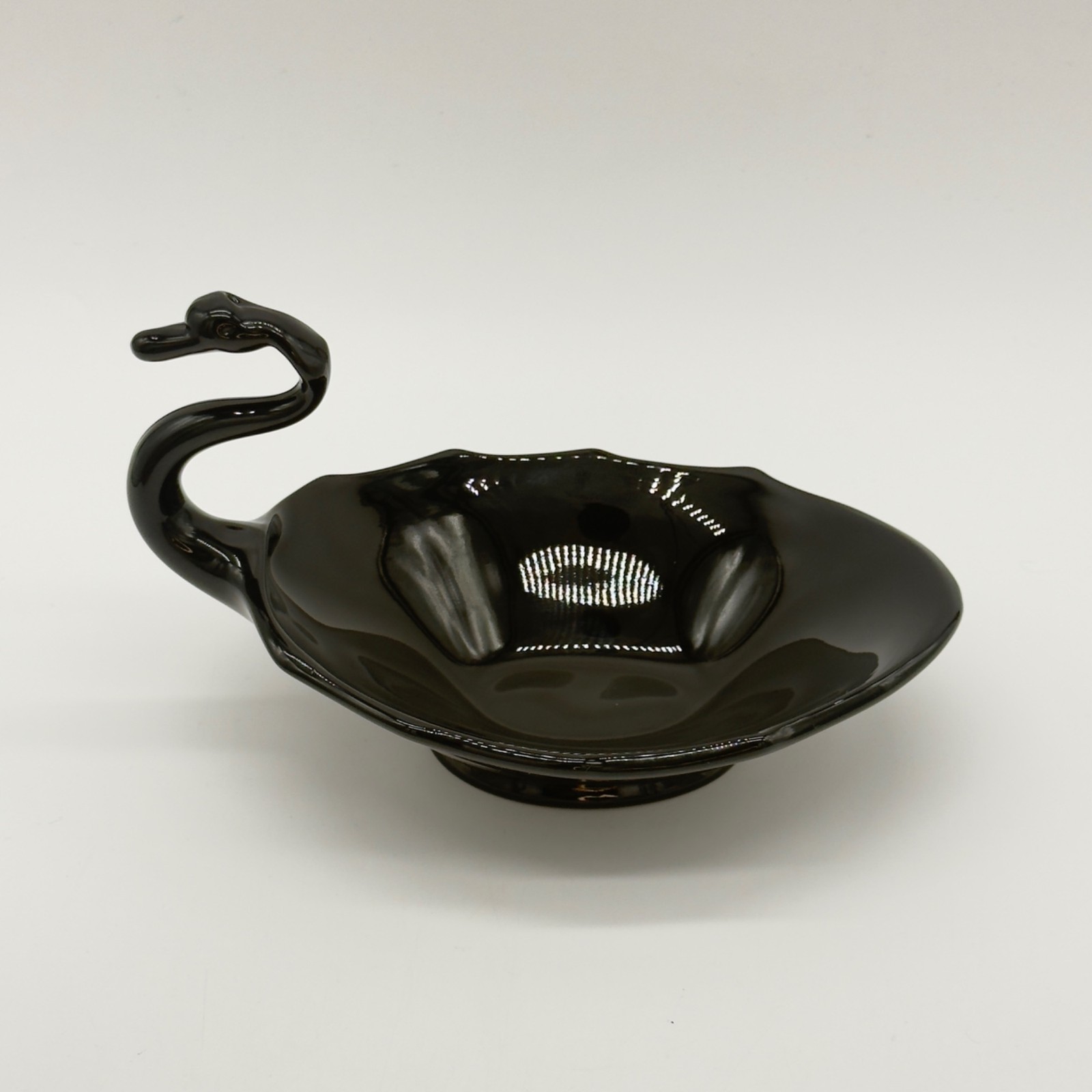 Vtg. Viking Glass Epic Swan Candy Dish Ebony Black Glass Bowl