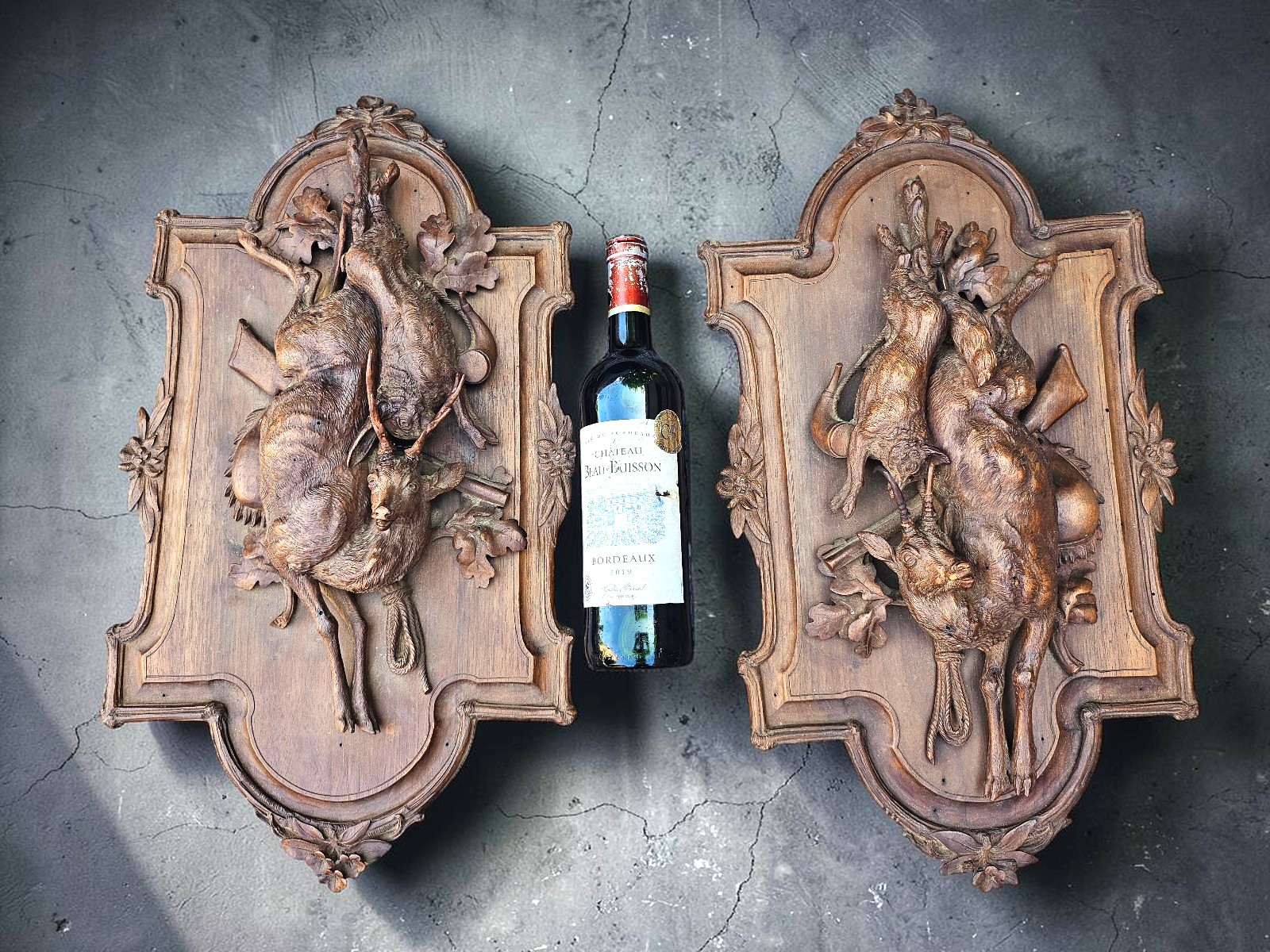 PAIR antique 19thc black forest carved wood hunting trophy plaques deer hare fox PAIR antique 19thc black forest carved wood hunting trophy plaques deer hare fox
