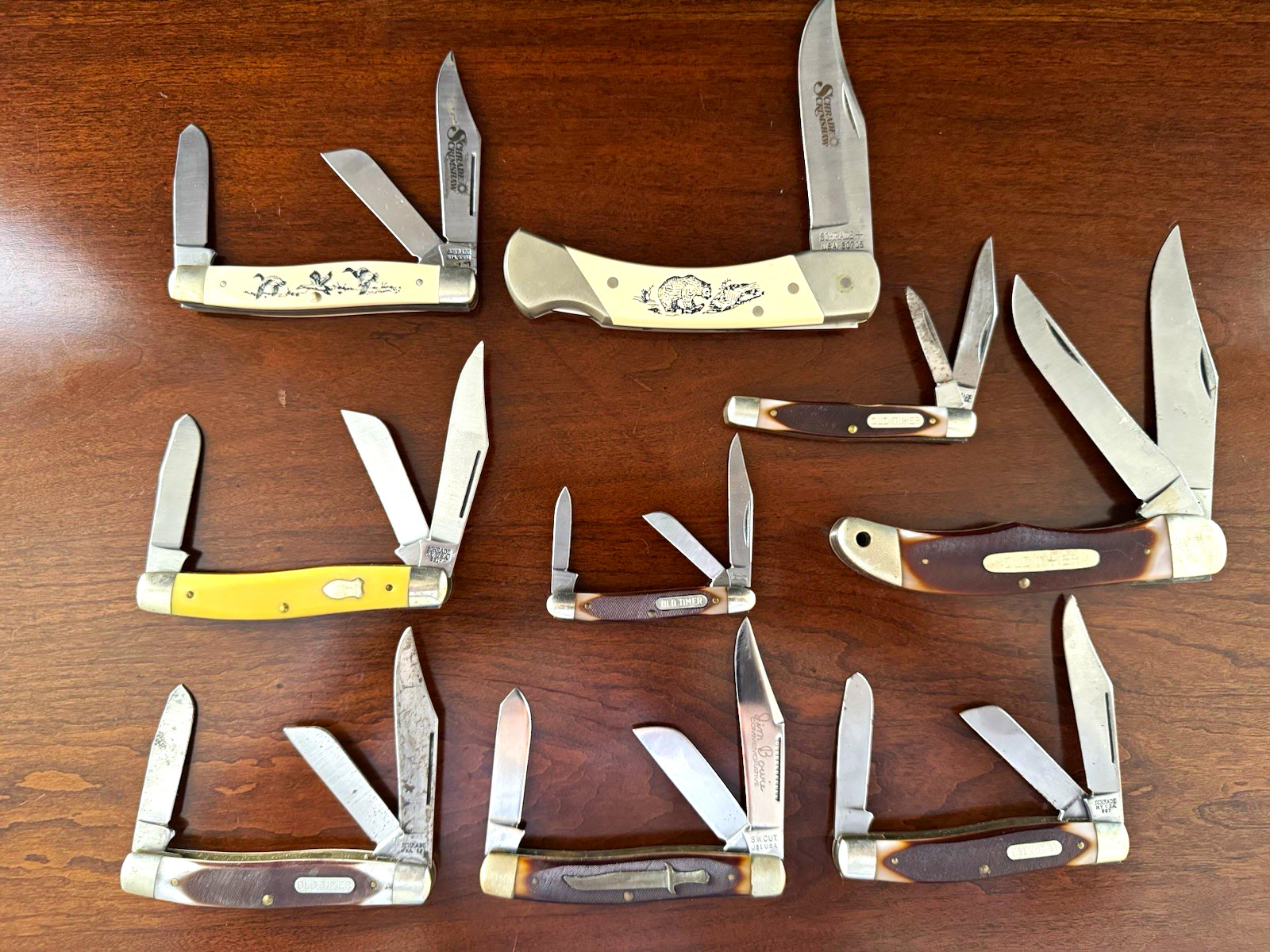Vintage Schrade USA Pocket Knife Lot of 9 Scrimshaw Stockman Folding Knives
