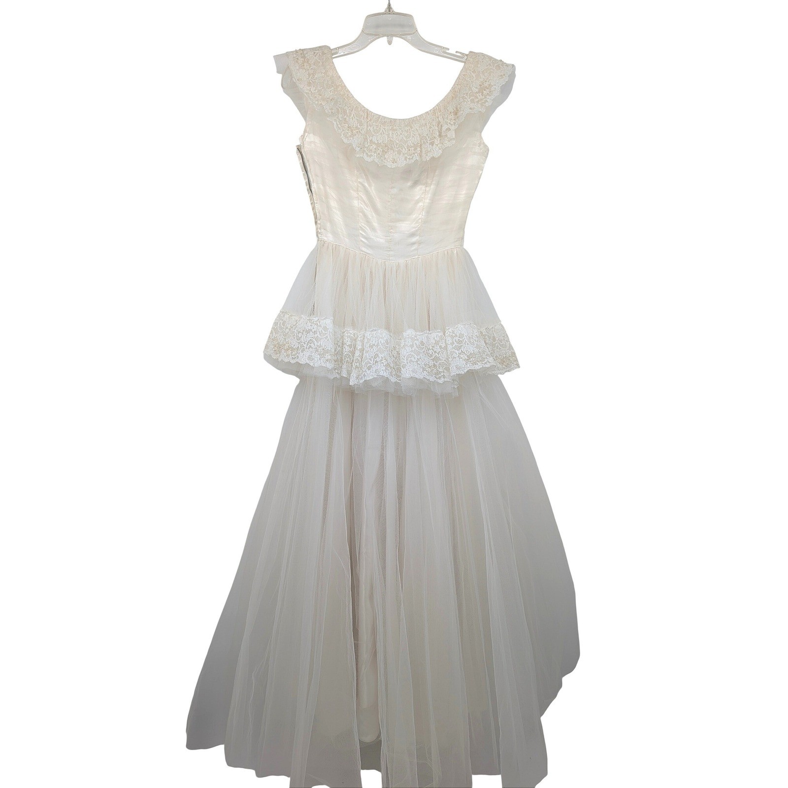 Vintage Ivory Wedding Dress Lace Pearl Tulle Peplum Full Skirt Bridal Gown XS