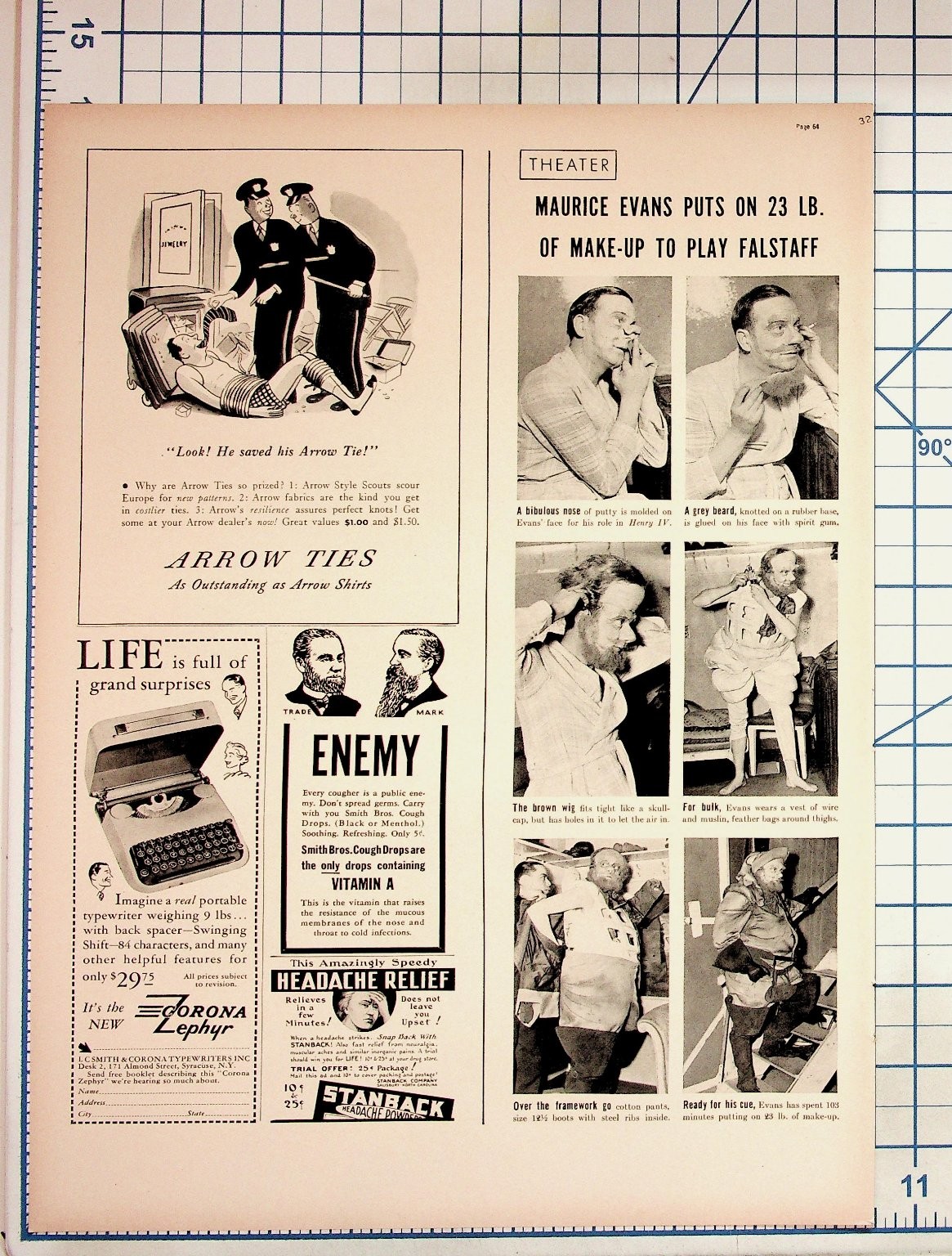 1940s Magazine Page Maurice Evans Falstaff Makeup Arrow Ties Corona Typewriter 1940s Magazine Page Maurice Evans Falstaff Makeup Arrow Ties Corona Typewriter