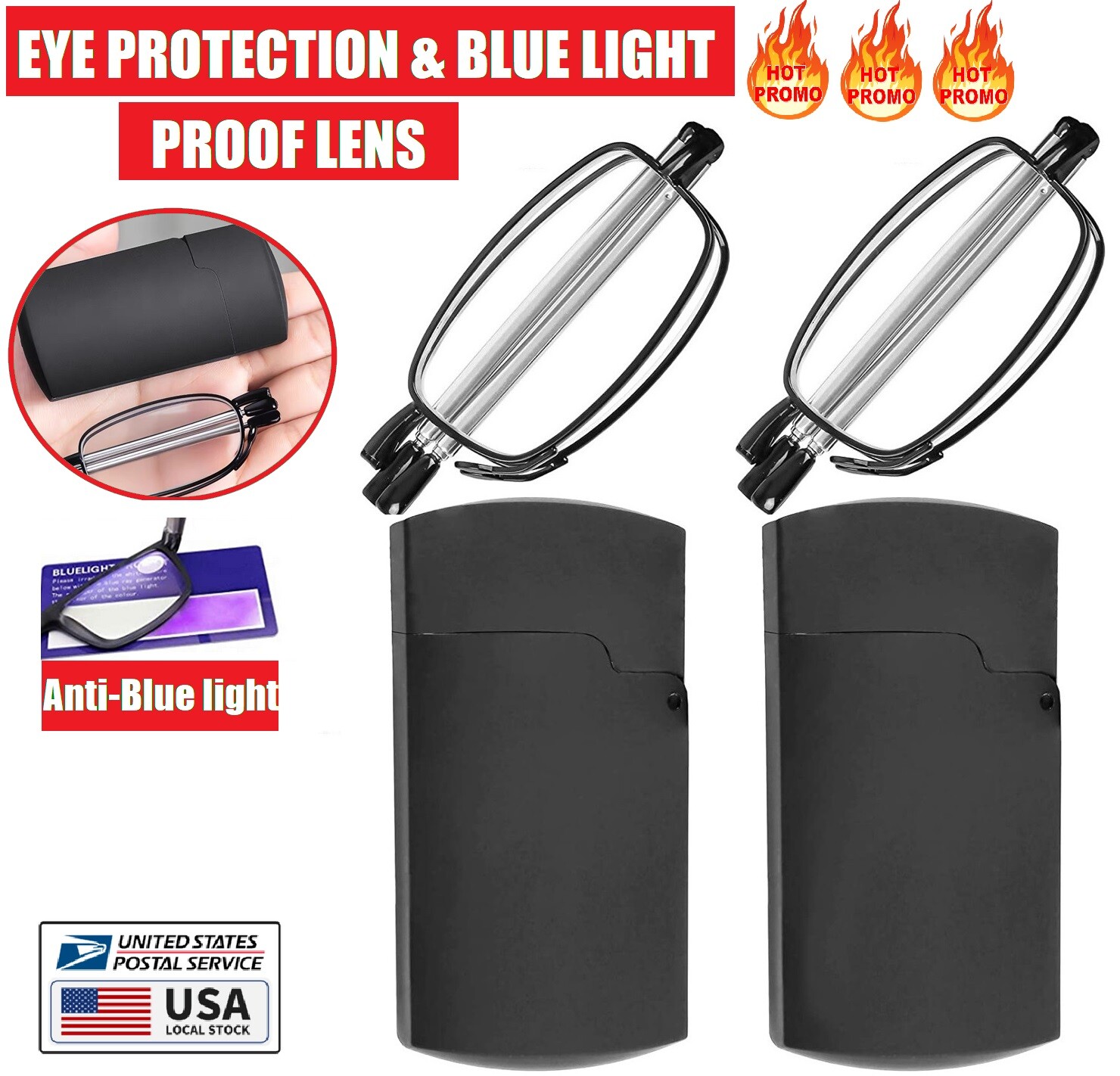 2× Metal Compact Folding Anti-Blue Light Reading Glasses With Carrying Case USA