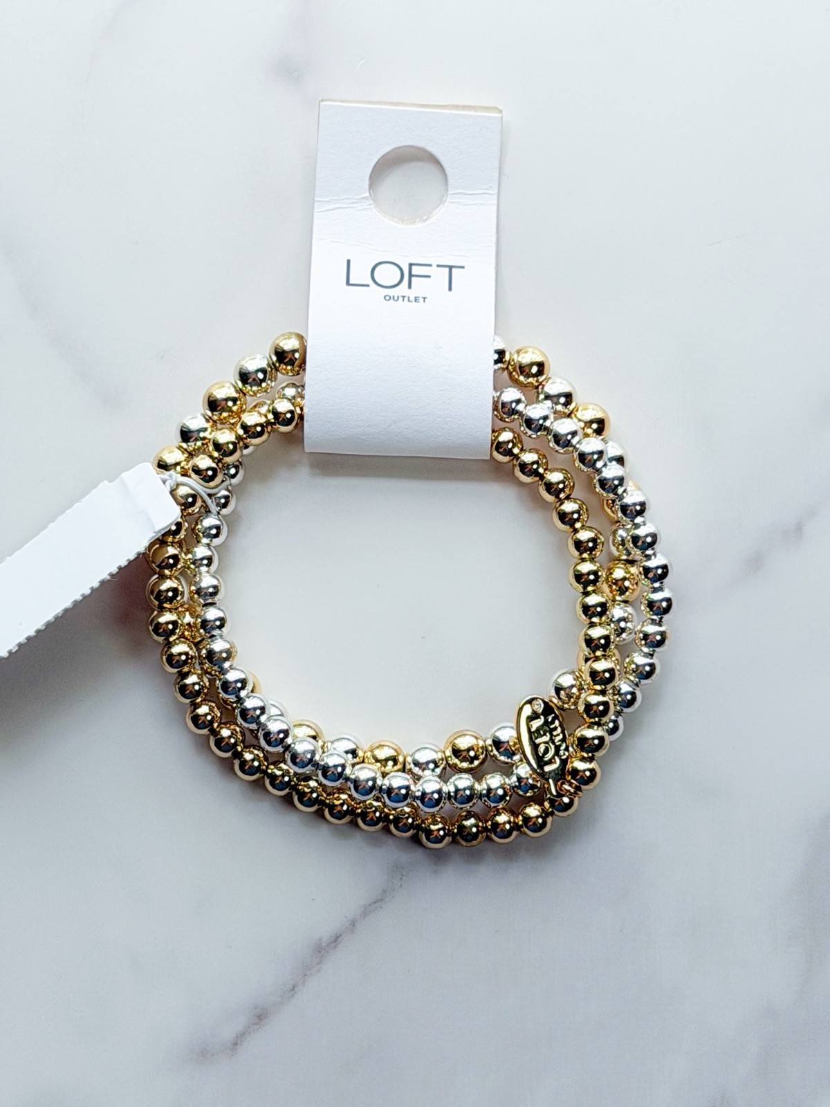 LOFT Outlet NWT Gold & Silver Beaded Stretch Bracelet Stack Mixed Metal