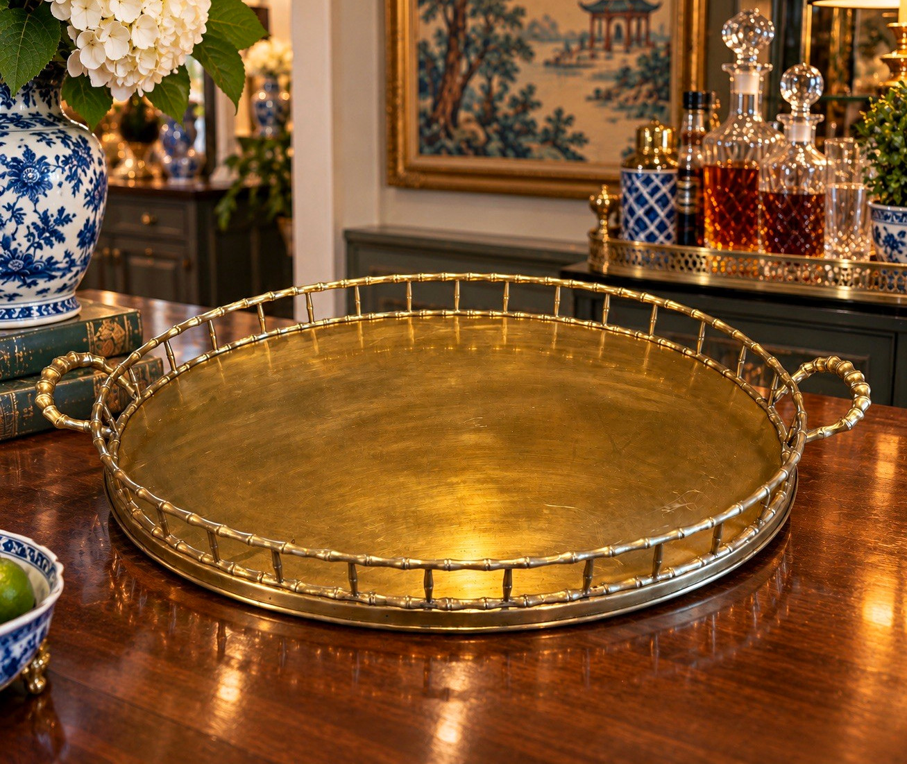 Vintage XL Brass Bamboo Serving Tray Chinoiserie Hollywood Regency Barware