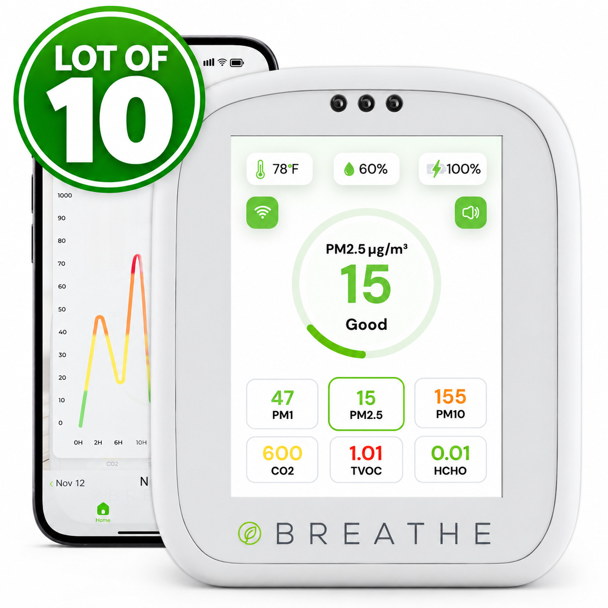BREATHE Airmonitor Plus 8-in-1 Air Quality Monitor – Lot of 10 – Brand New