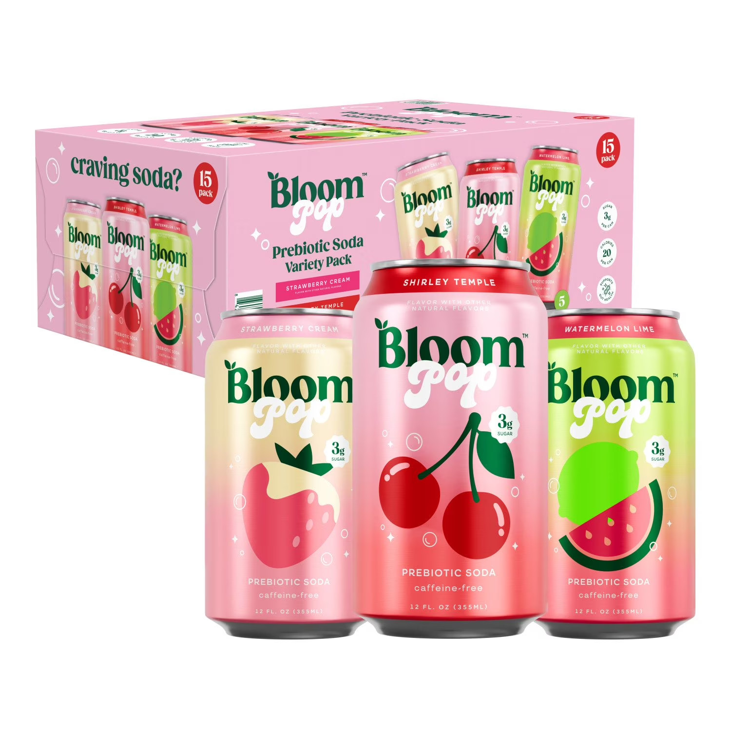 Bloom Pop Prebiotic Soda Variety Pack 12 fl oz 15 Pack Sparkling Soft Drinks