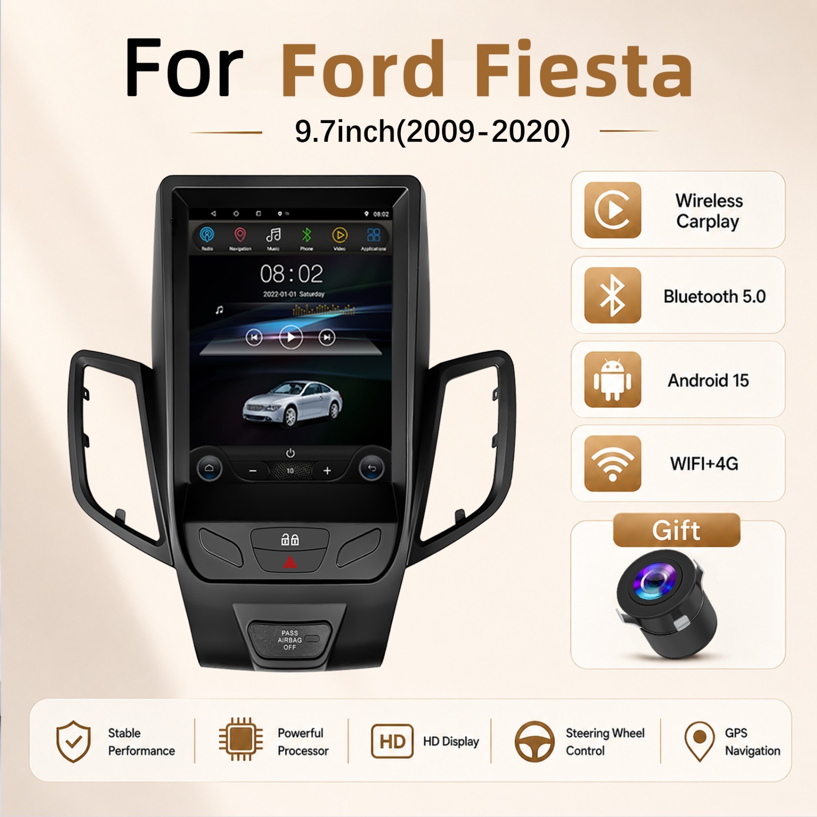 9.7'' Apple Carplay For Ford Fiesta 2009-2020 Android15 Car Stereo Radio GPS NAV