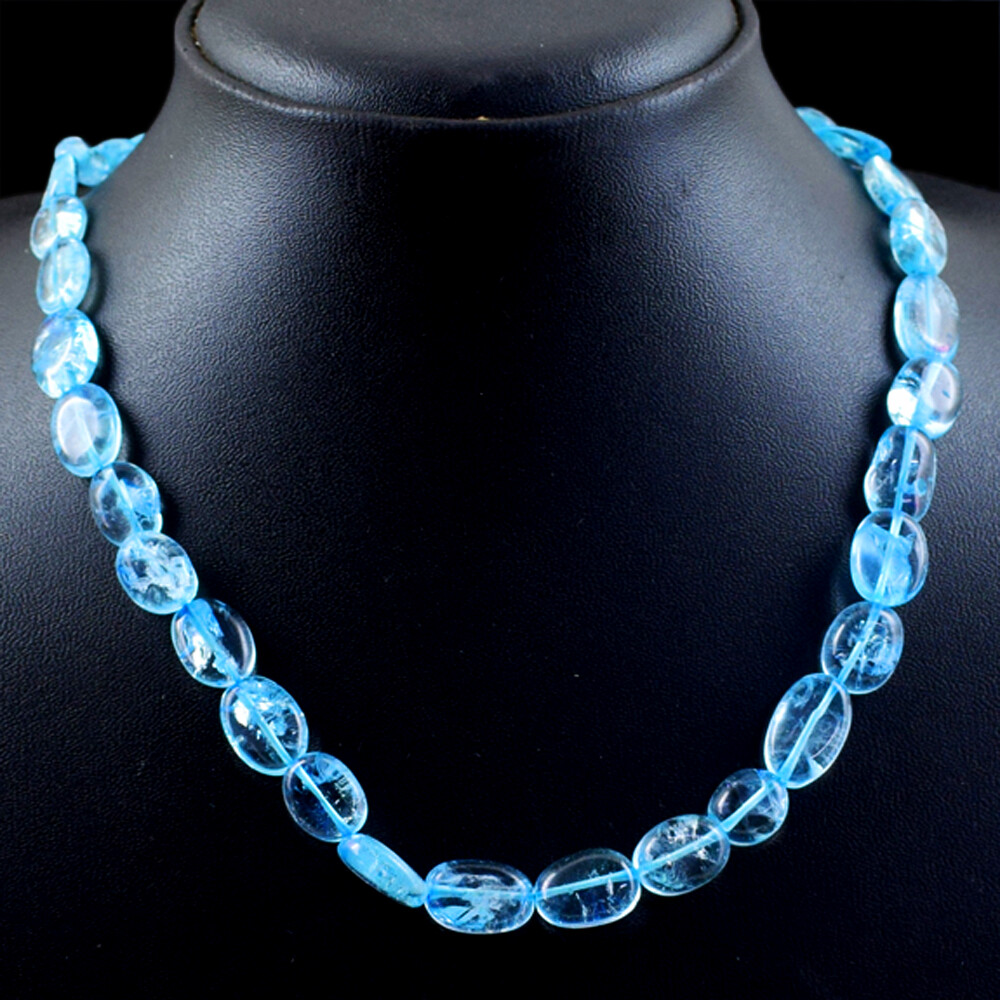 190.00 Cts Natural Single Strand Blue Aquamarine Oval Beads Necklace NK 19E92