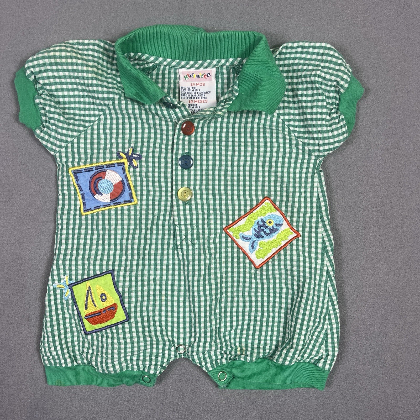 Vintage Baby Boy Green Gingham Romper Embroidered Nautical 12 Mo Vintage Baby Boy Green Gingham Romper Embroidered Nautical 12 Mo