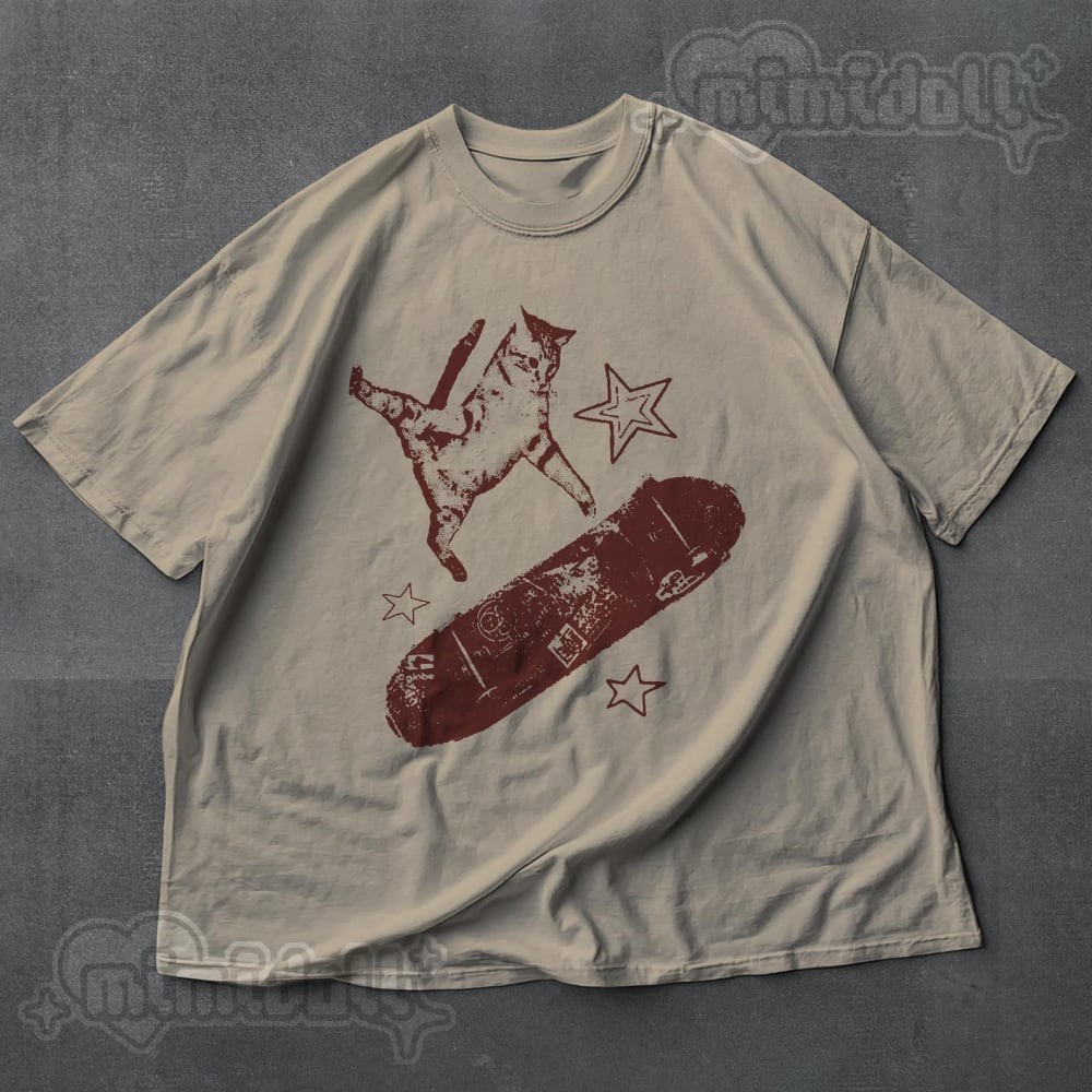 Vintage Y2K Skateboard Cat Tee Retro 90s Aesthetic Grunge Top