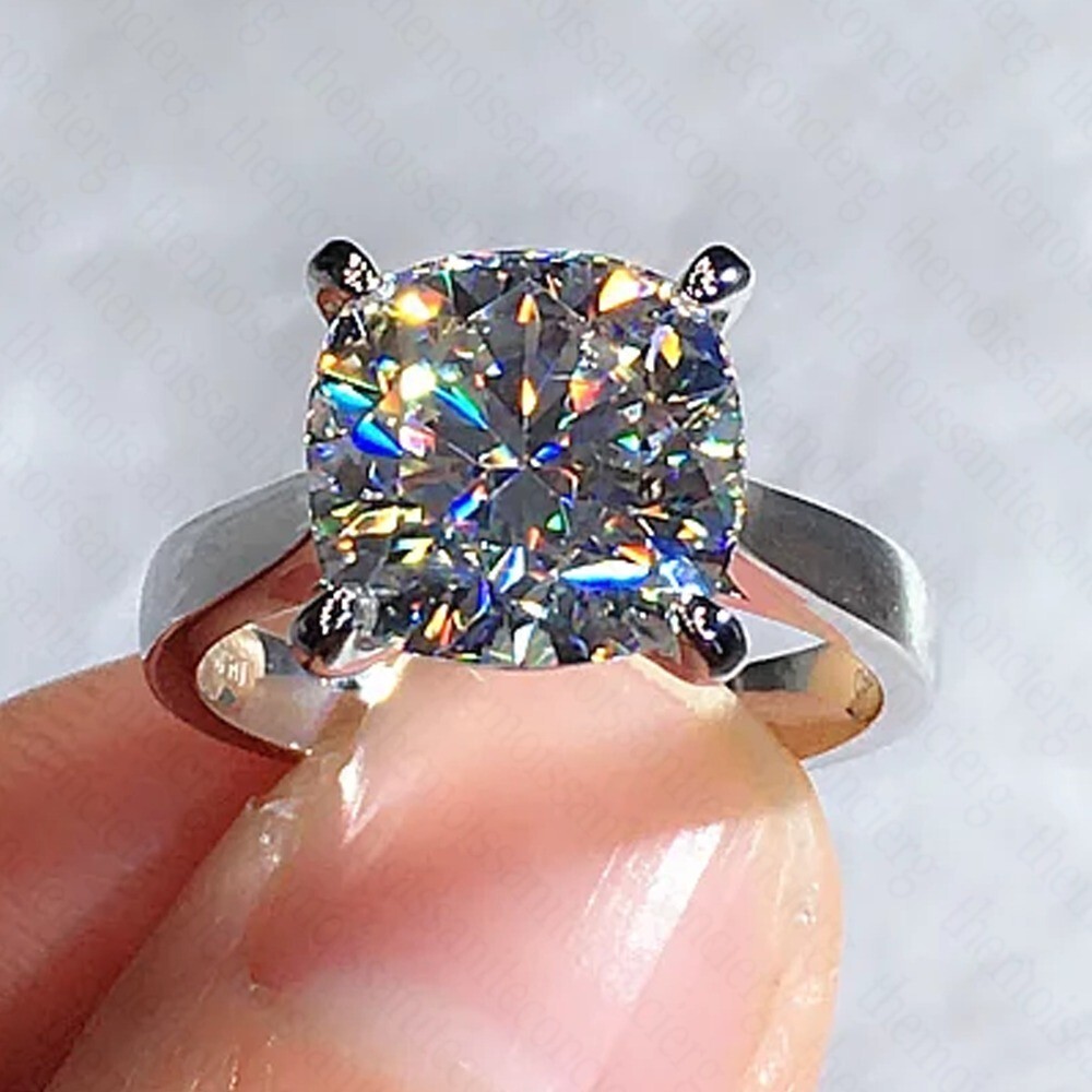 4.7 Ct Cushion Moissanite Solitaire 4-Claw Engagement Ring 14K White Gold Plated