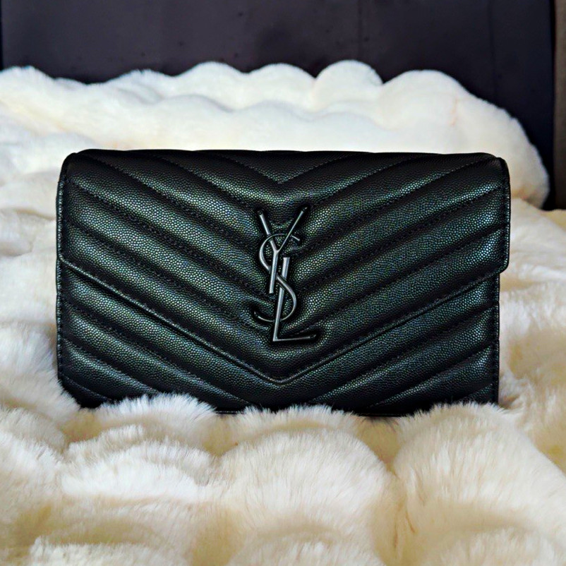 Saint Laurent YSL Black Quilted envelope style Crossbody Bag w/ Chain Strap