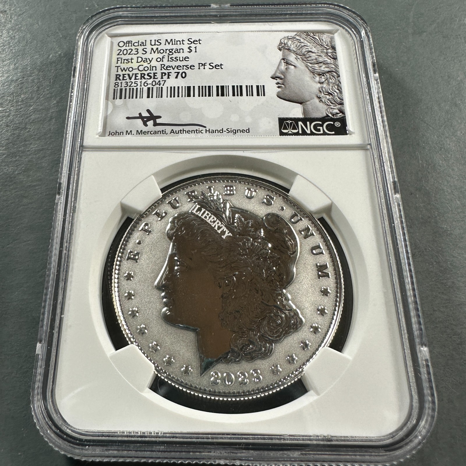 2023-S Morgan Silver Dollar REV PROOF NGS PF70 FDI, Mercanti Hand Signed (90666)