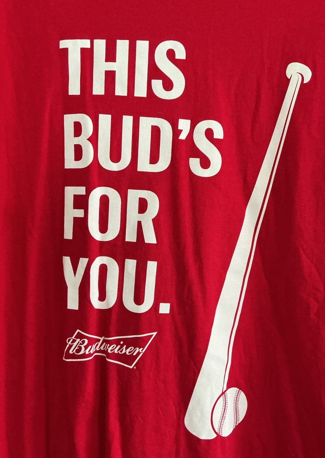 Vintage Budweiser This Buds For You Baseball T-Shirt Red Hanes Large NWOT