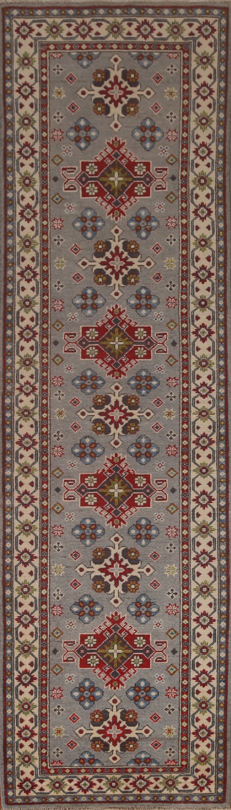 Gray/ Ivory Geometric Super Kazak Runner Rug 2\' 8\