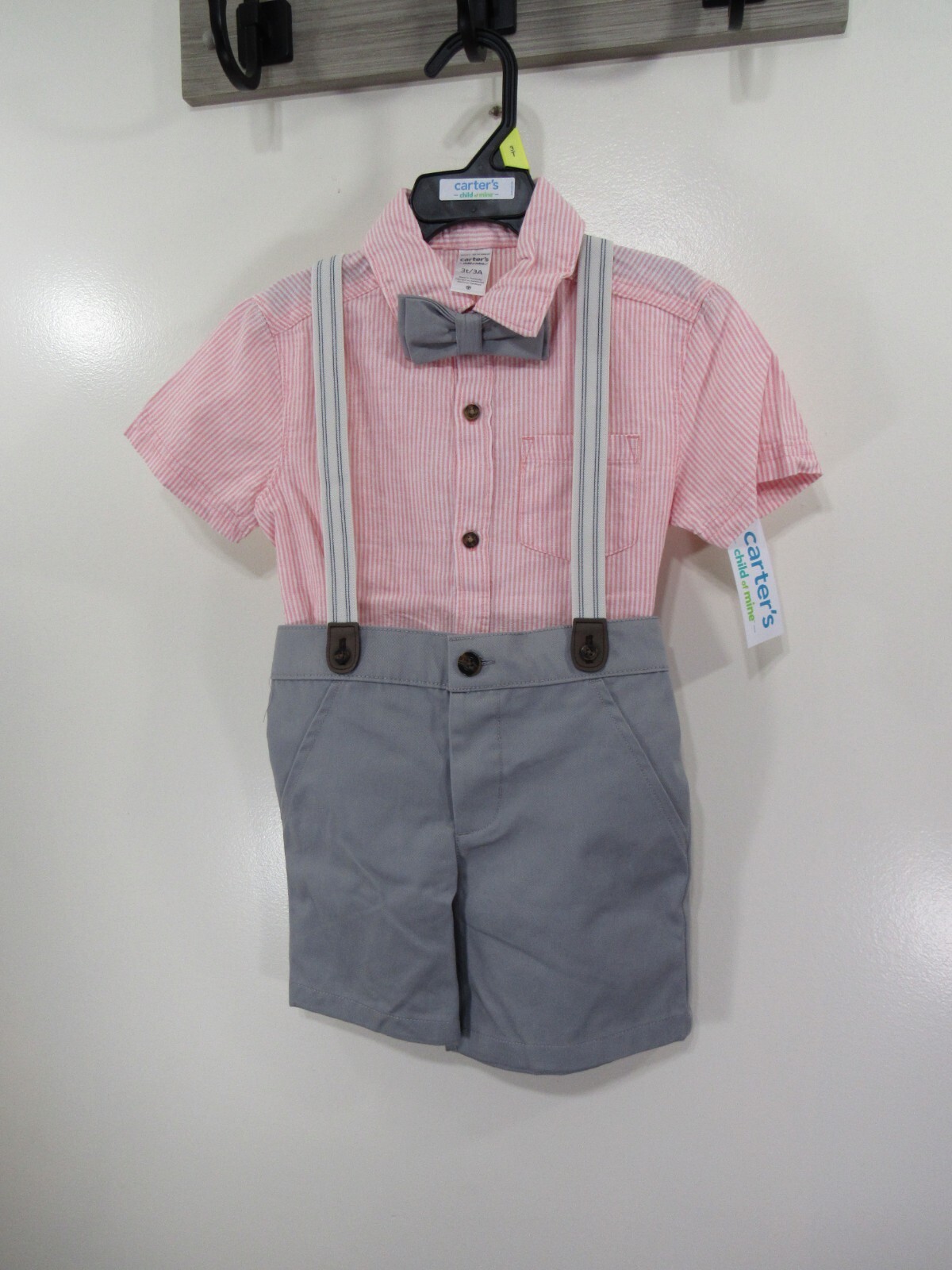 New Carters 3 Piece Set Boys Shirt Shorts Bow Tie Size 3T Gray Red White Buttons New Carters 3 Piece Set Boys Shirt Shorts Bow Tie Size 3T Gray Red White Buttons