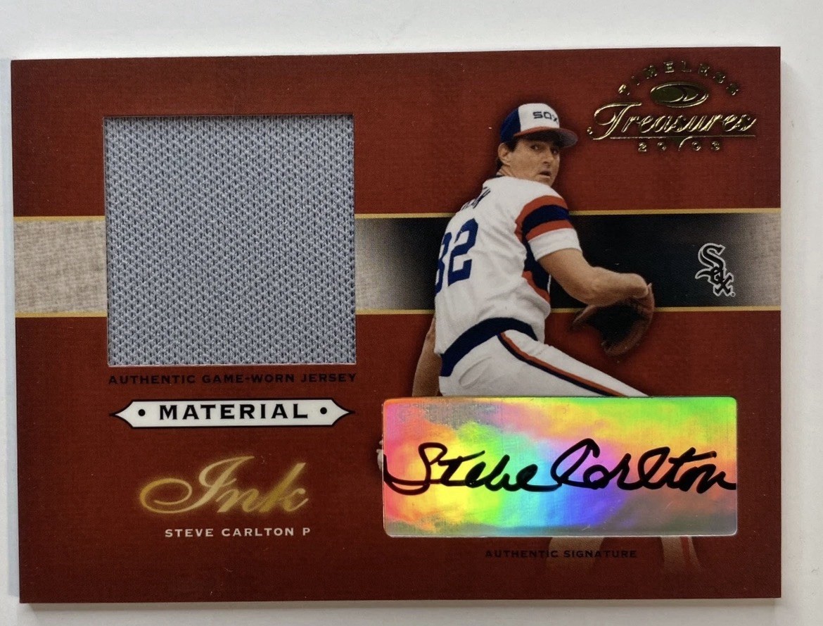 2003 Donruss Timeless Treasures Steve Carlton Auto Game Worn Patch MI-53 088/100 2003 Donruss Timeless Treasures Steve Carlton Auto Game Worn Patch MI-53 088/100