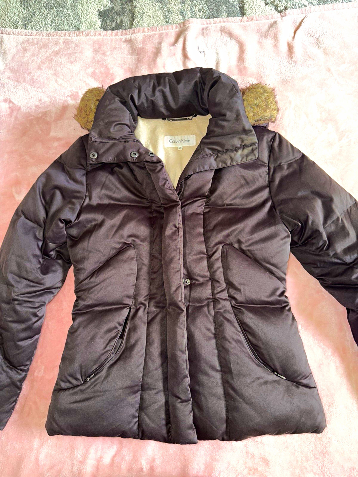 Calvin Klein Down Puffer Jacket Faux Fur Hood Zip Mid-Length Black XS Calvin Klein Down Puffer Jacket Faux Fur Hood Zip Mid-Length Black XS