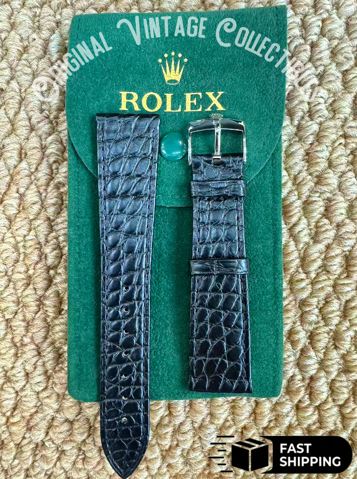 💎ROLEX Black Crocodile Leather Band 20mm With Silver 𝐑𝐎𝐋𝐄𝐗 Buckle NOS