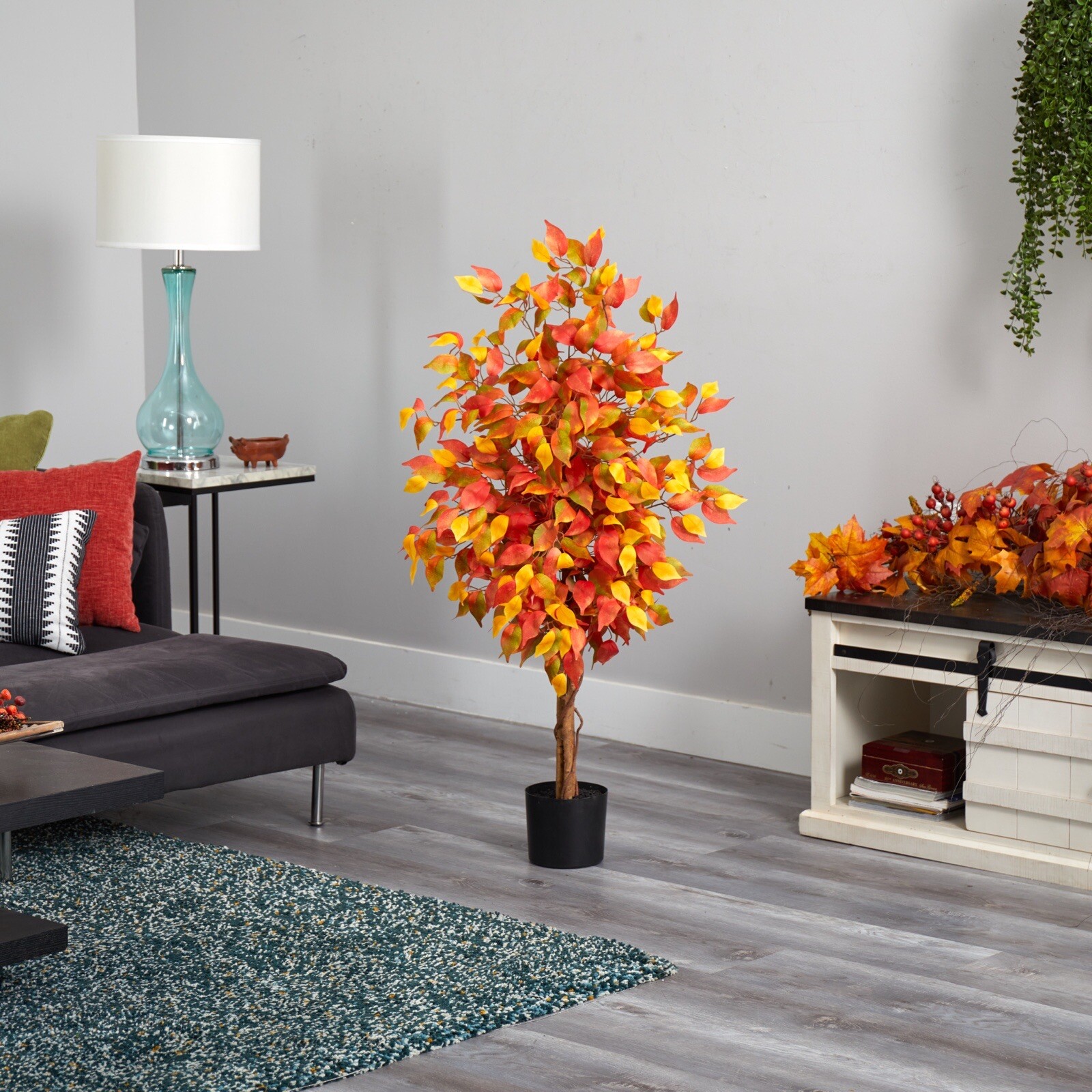 4’ Fall Ficus Autumn Artificial Tree w/Natural Wood Trunk Home Decor.