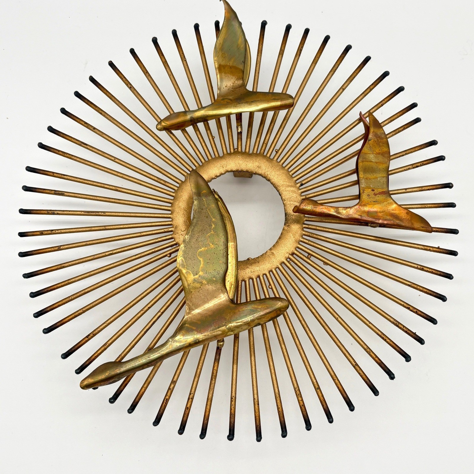 Vintage Mid Century Modern Sunburst Wall Art Gold Metal Flying Birds Starburst